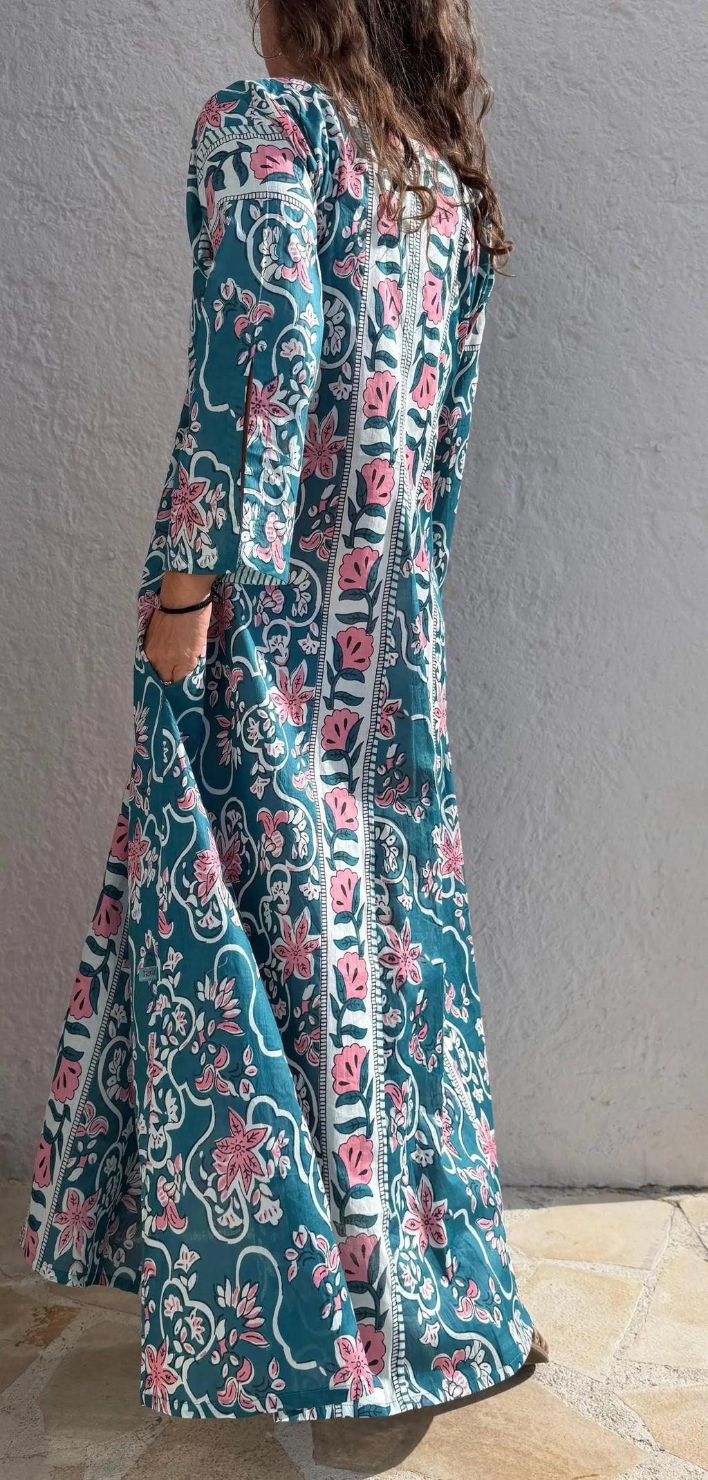 long kaftan in soft cotton,teal color,light pink flowers,summer boho chic dress,beach wear