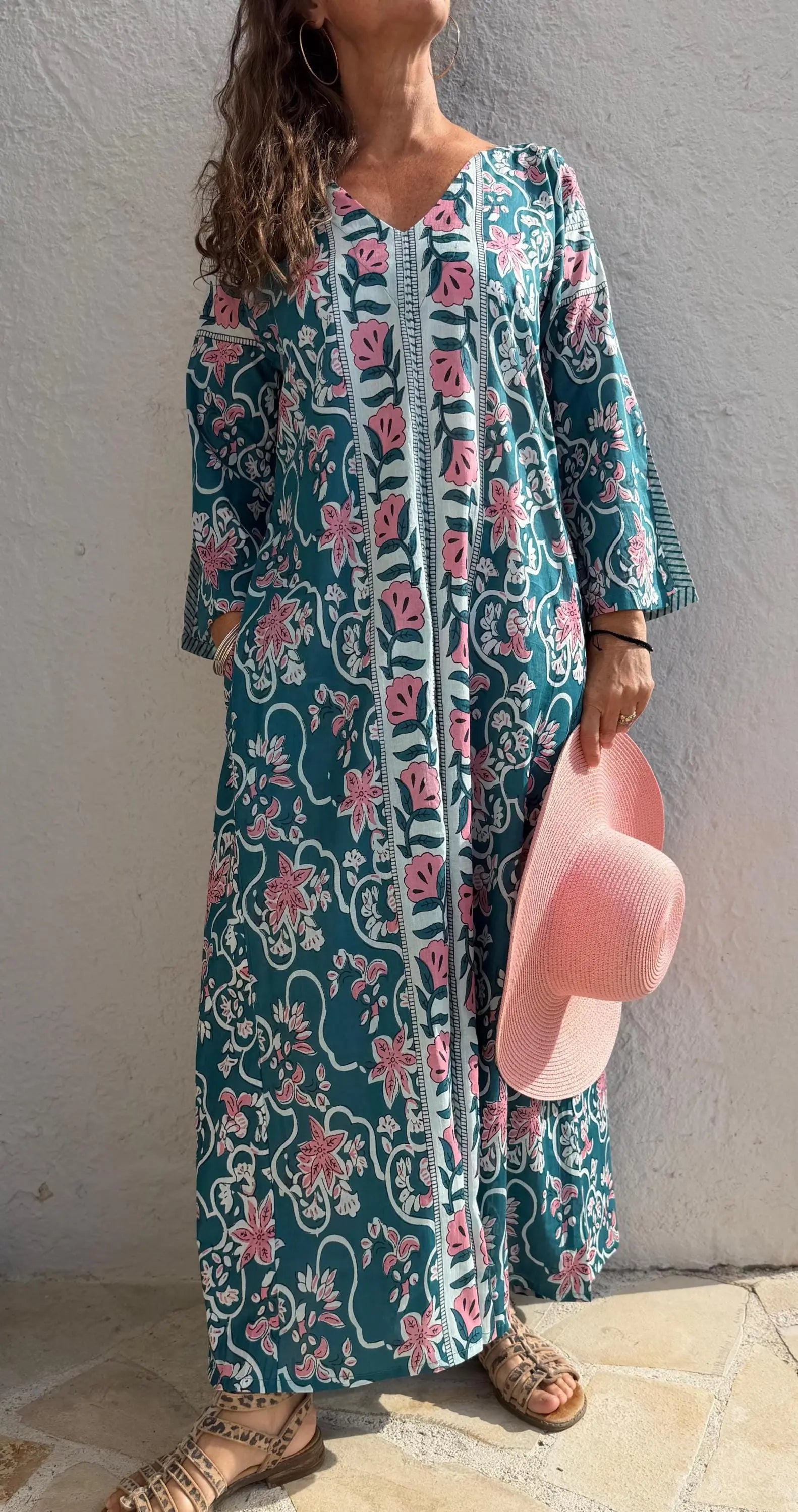 long kaftan in soft cotton,teal color,light pink flowers,summer boho chic dress,beach wear