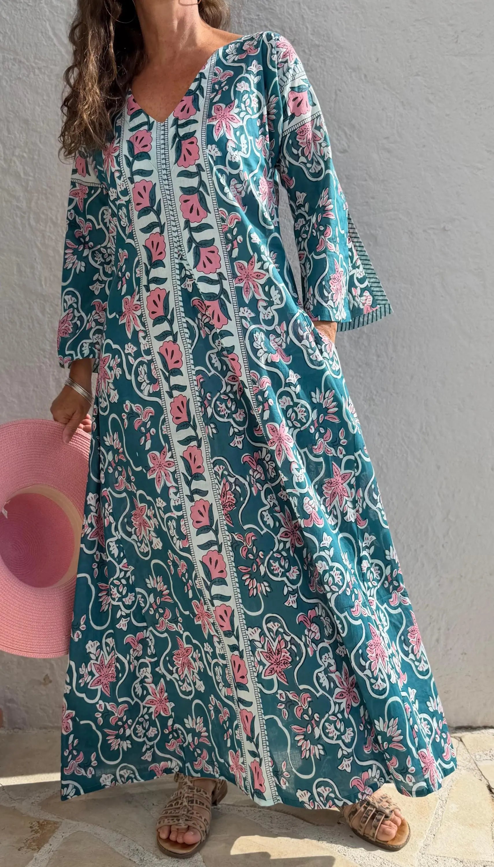 long kaftan in soft cotton,teal color,light pink flowers,summer boho chic dress,beach wear