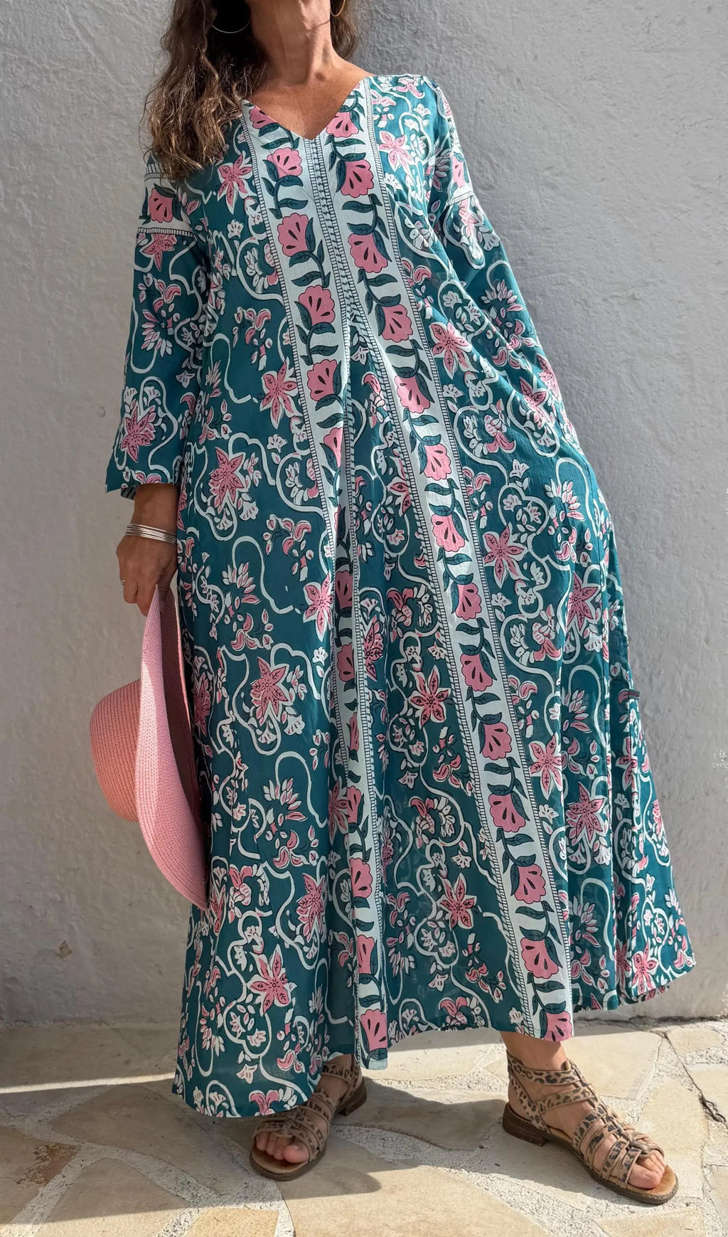 long kaftan in soft cotton,teal color,light pink flowers,summer boho chic dress,beach wear