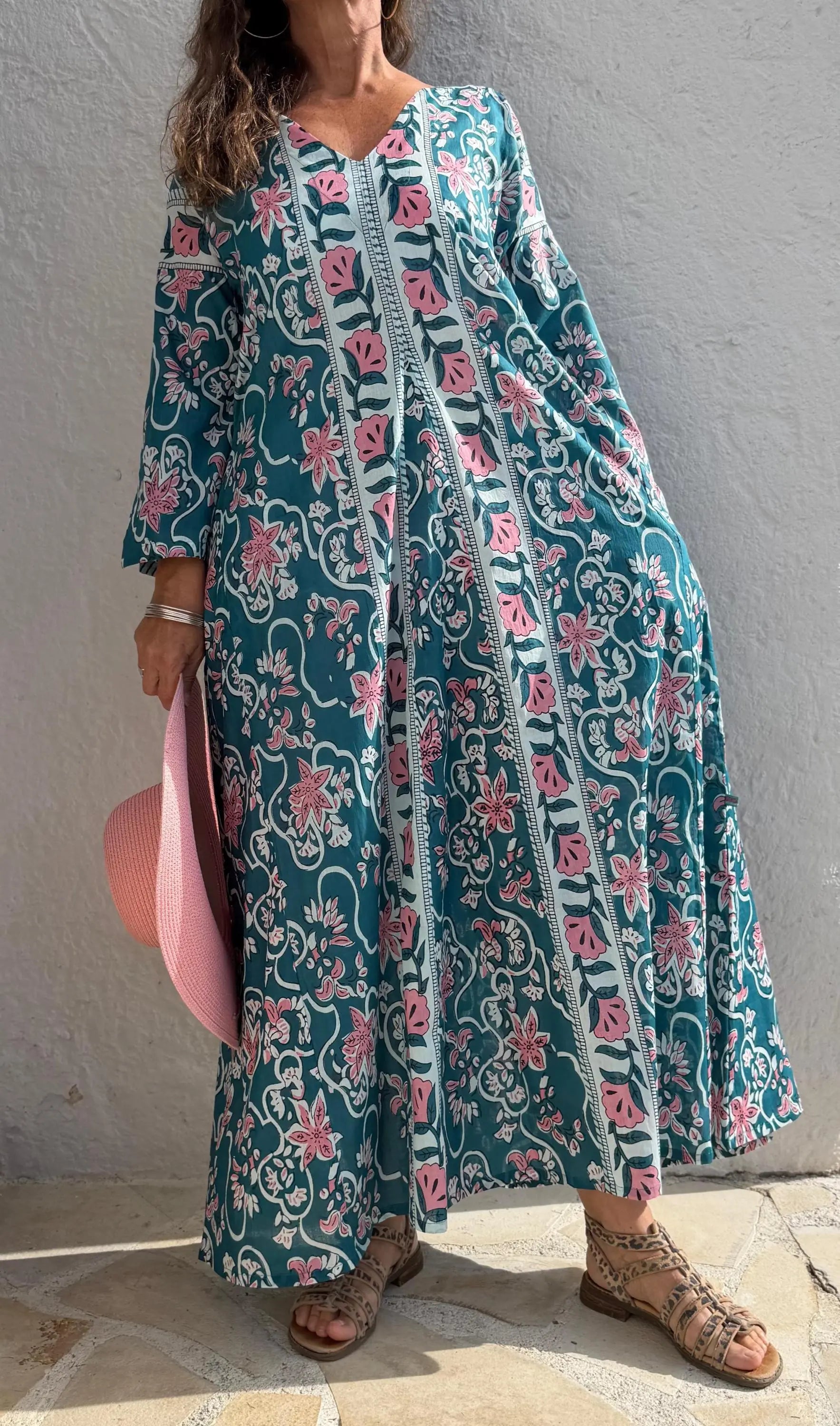long kaftan in soft cotton,teal color,light pink flowers,summer boho chic dress,beach wear