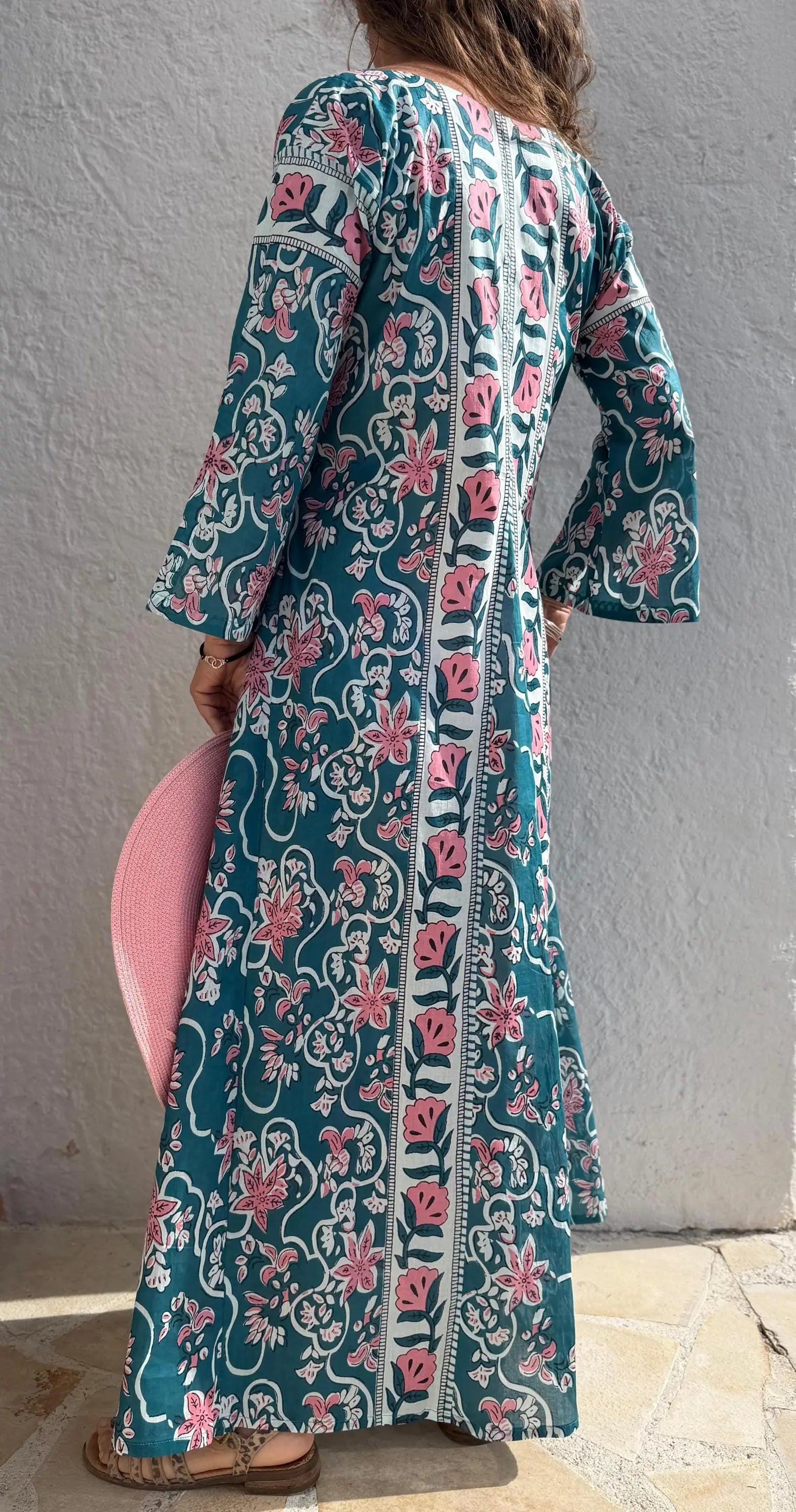 long kaftan in soft cotton,teal color,light pink flowers,summer boho chic dress,beach wear