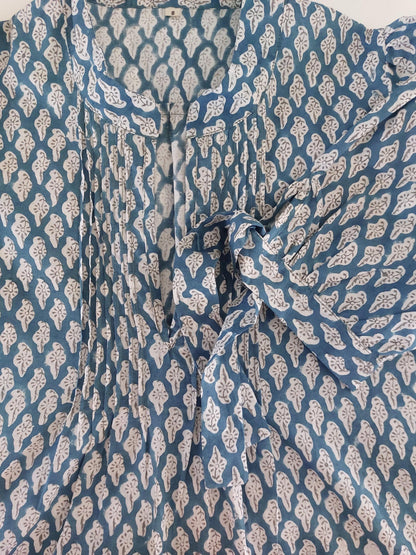 pleat long dress in cotton hand block printed, bluegreycolor,paisley pattern,short balloon sleeves,casual summer dress with pockets