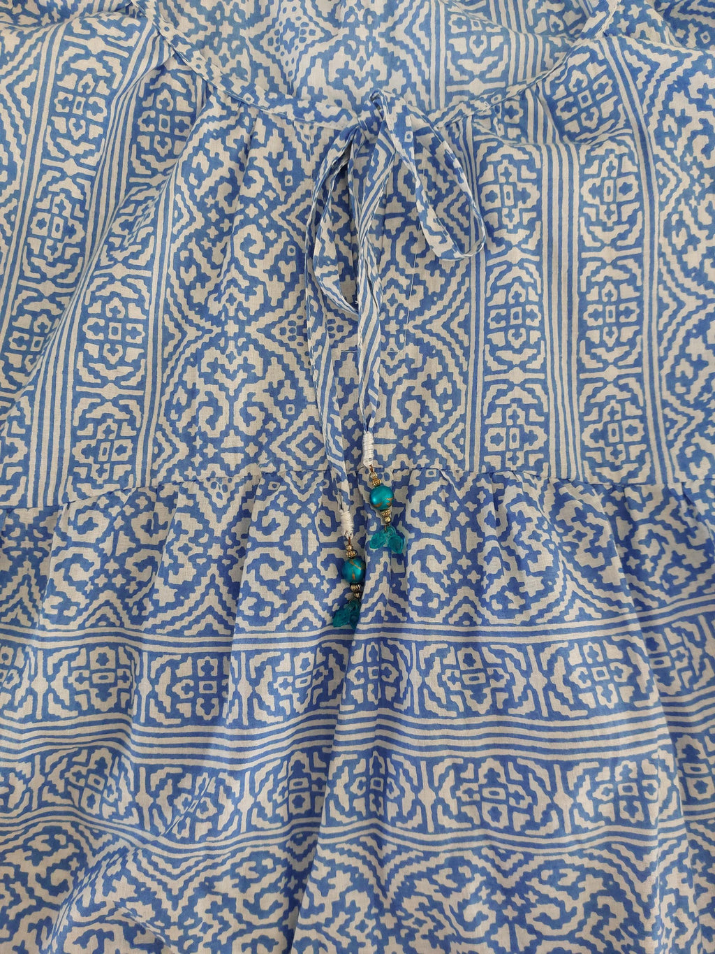 long ruffled dress in cotton,geometric pattern,blue & white colors,bohochic summer outfit