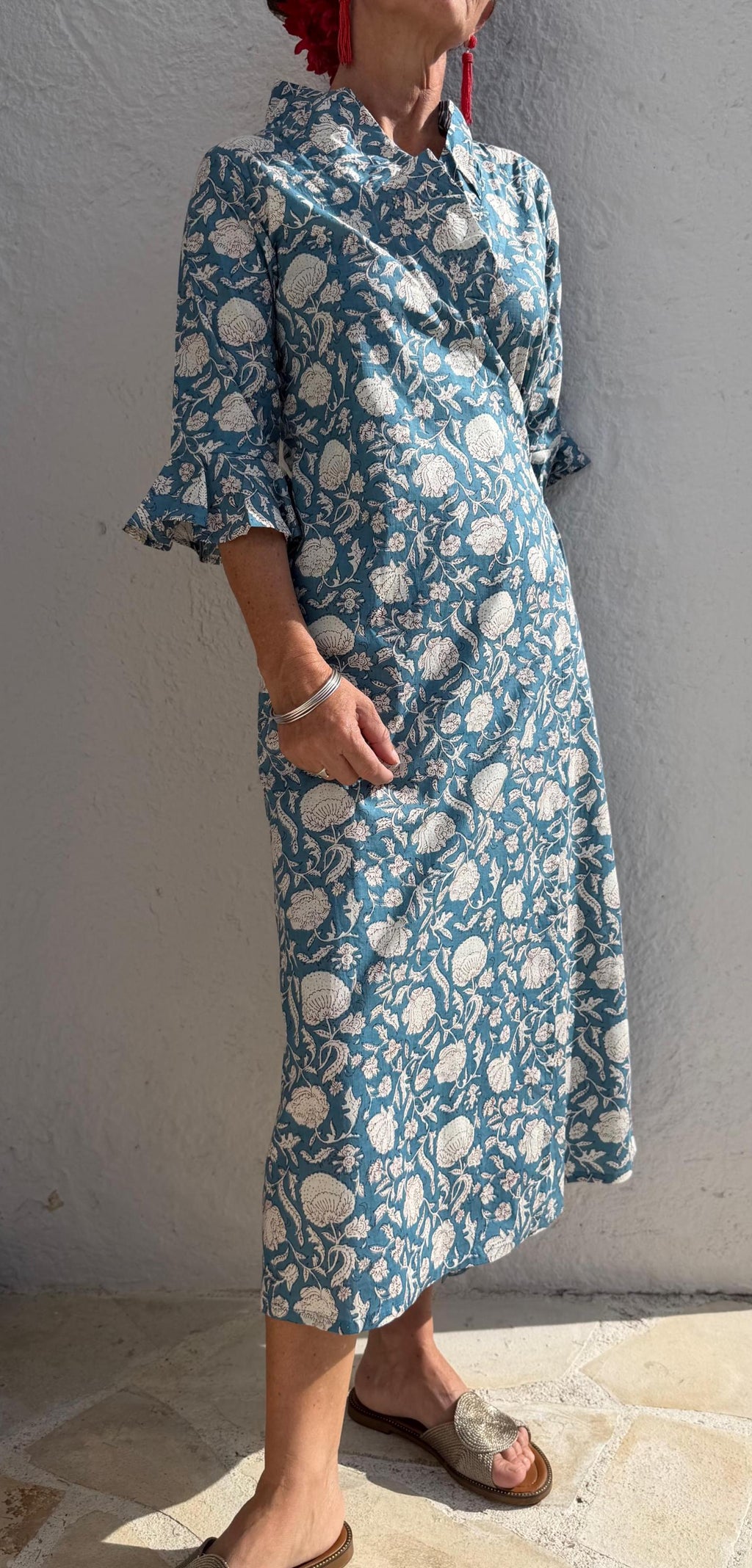 long wrap dress bluegrey color,floral pattern,ruffled collar,3/4 sleeves,boho chic,wedding outfit