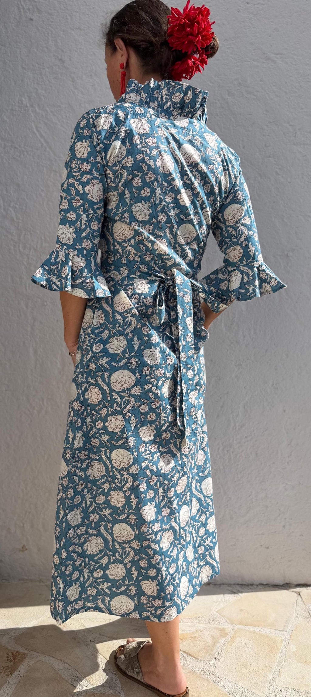 long wrap dress bluegrey color,floral pattern,ruffled collar,3/4 sleeves,boho chic,wedding outfit