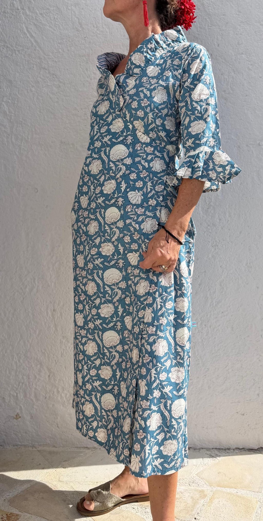 long wrap dress bluegrey color,floral pattern,ruffled collar,3/4 sleeves,boho chic,wedding outfit