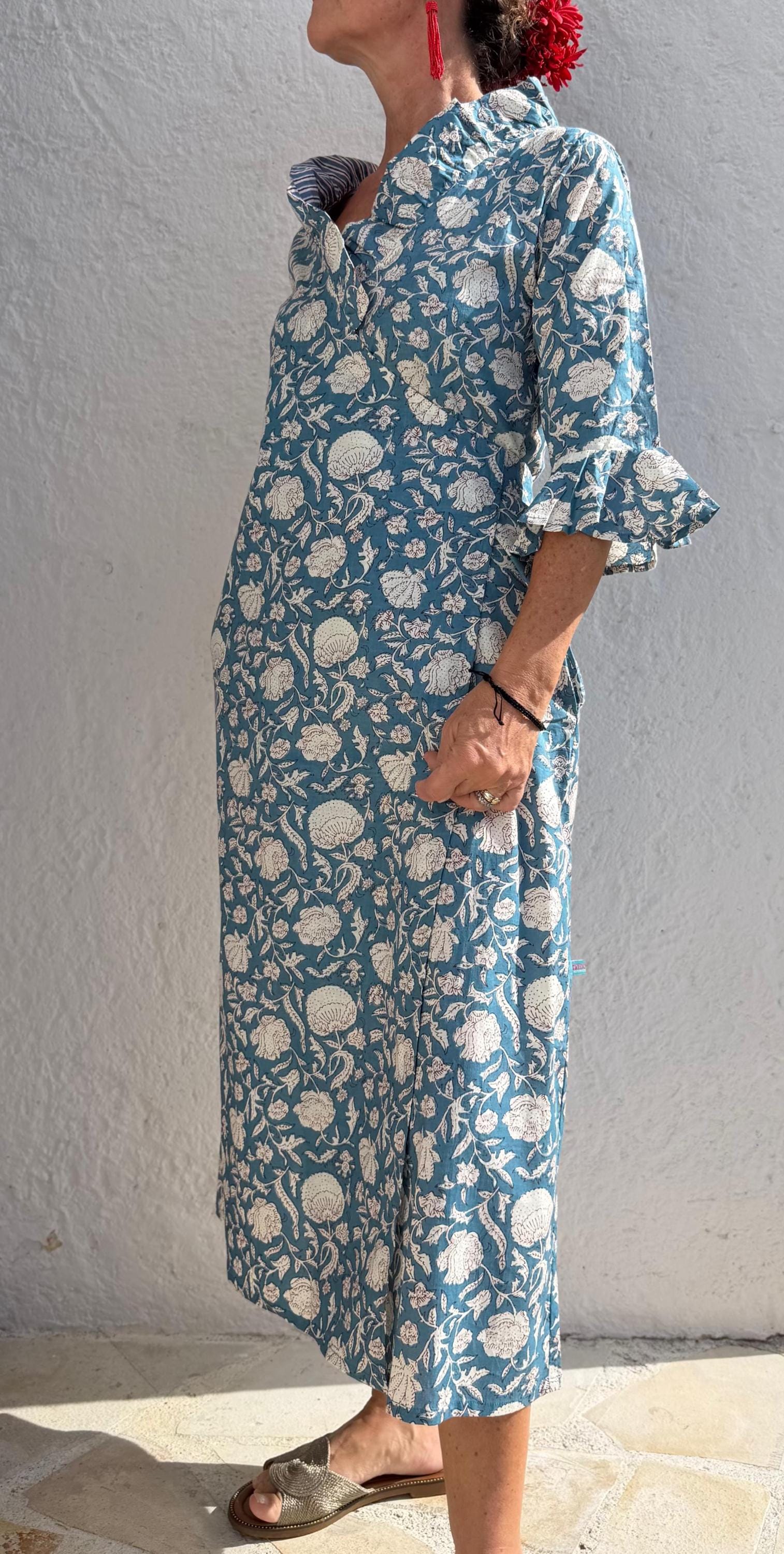 long wrap dress bluegrey color,floral pattern,ruffled collar,3/4 sleeves,boho chic,wedding outfit