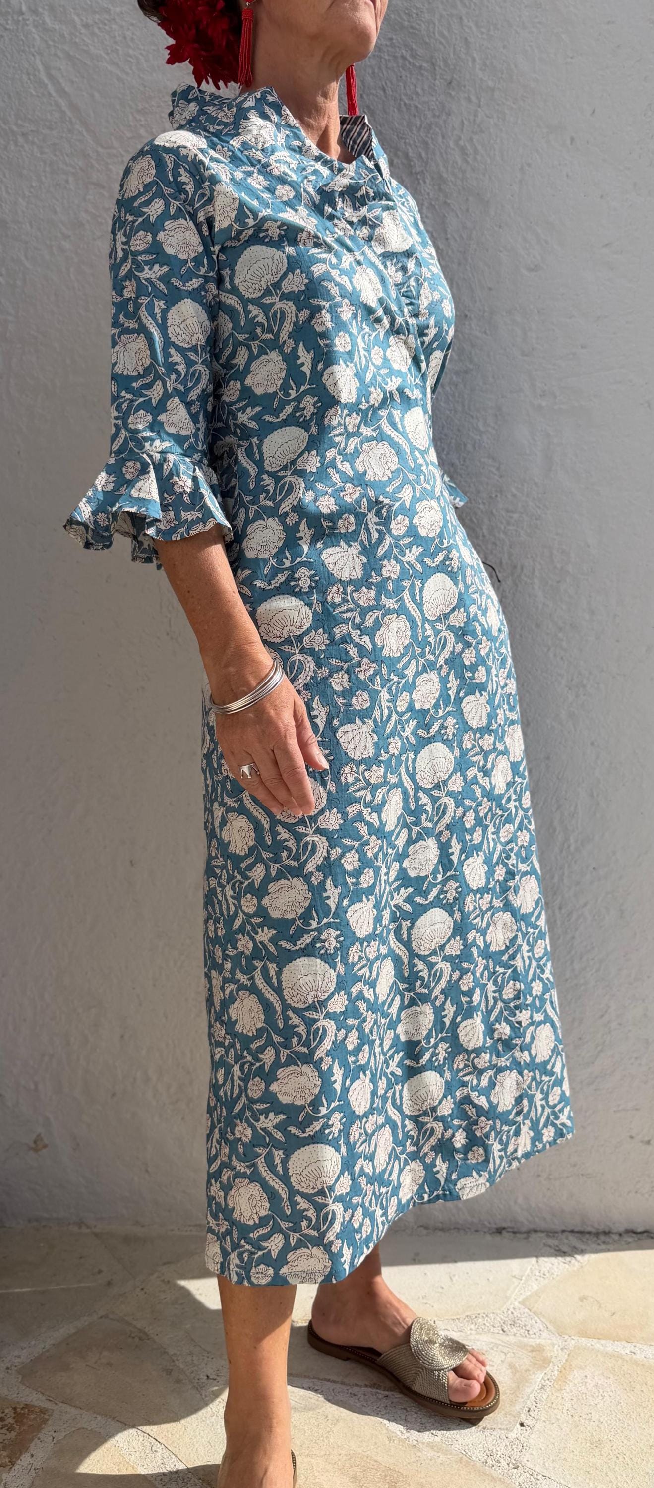 long wrap dress bluegrey color,floral pattern,ruffled collar,3/4 sleeves,boho chic,wedding outfit