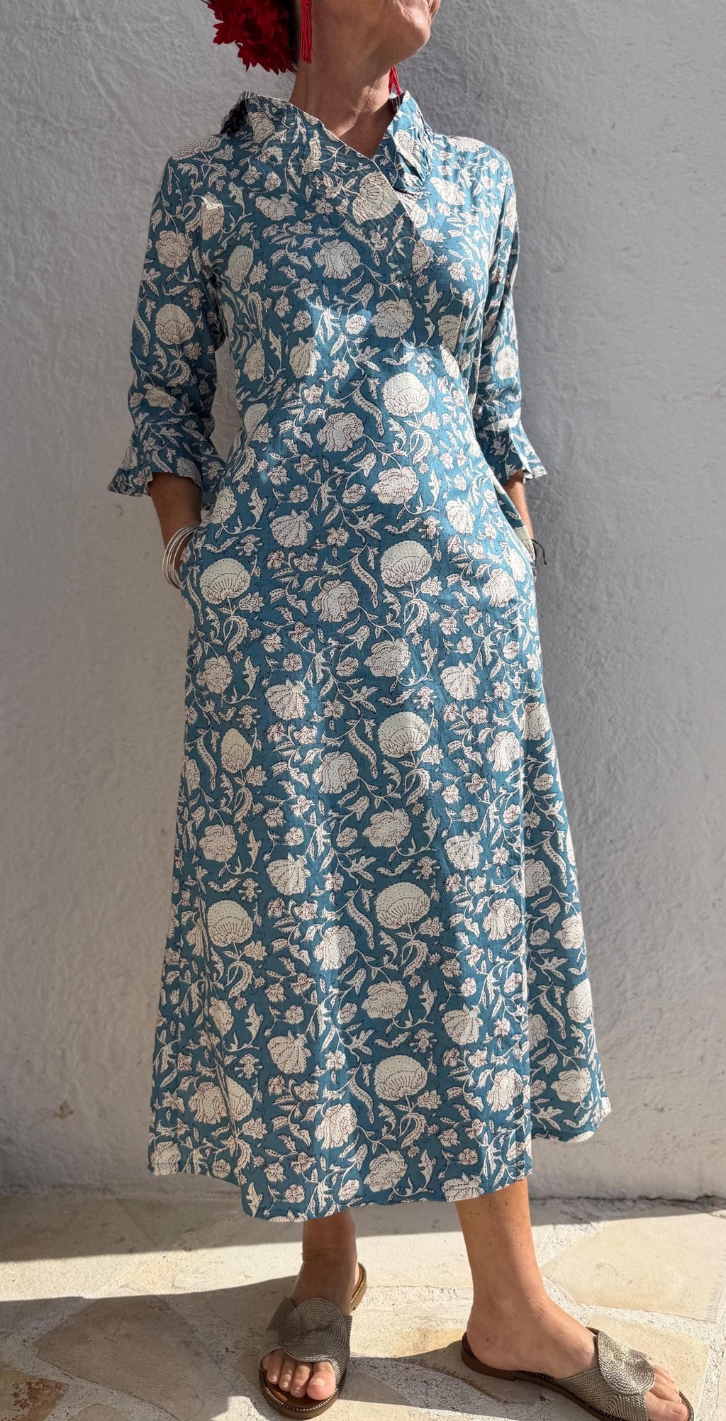 long wrap dress bluegrey color,floral pattern,ruffled collar,3/4 sleeves,boho chic,wedding outfit