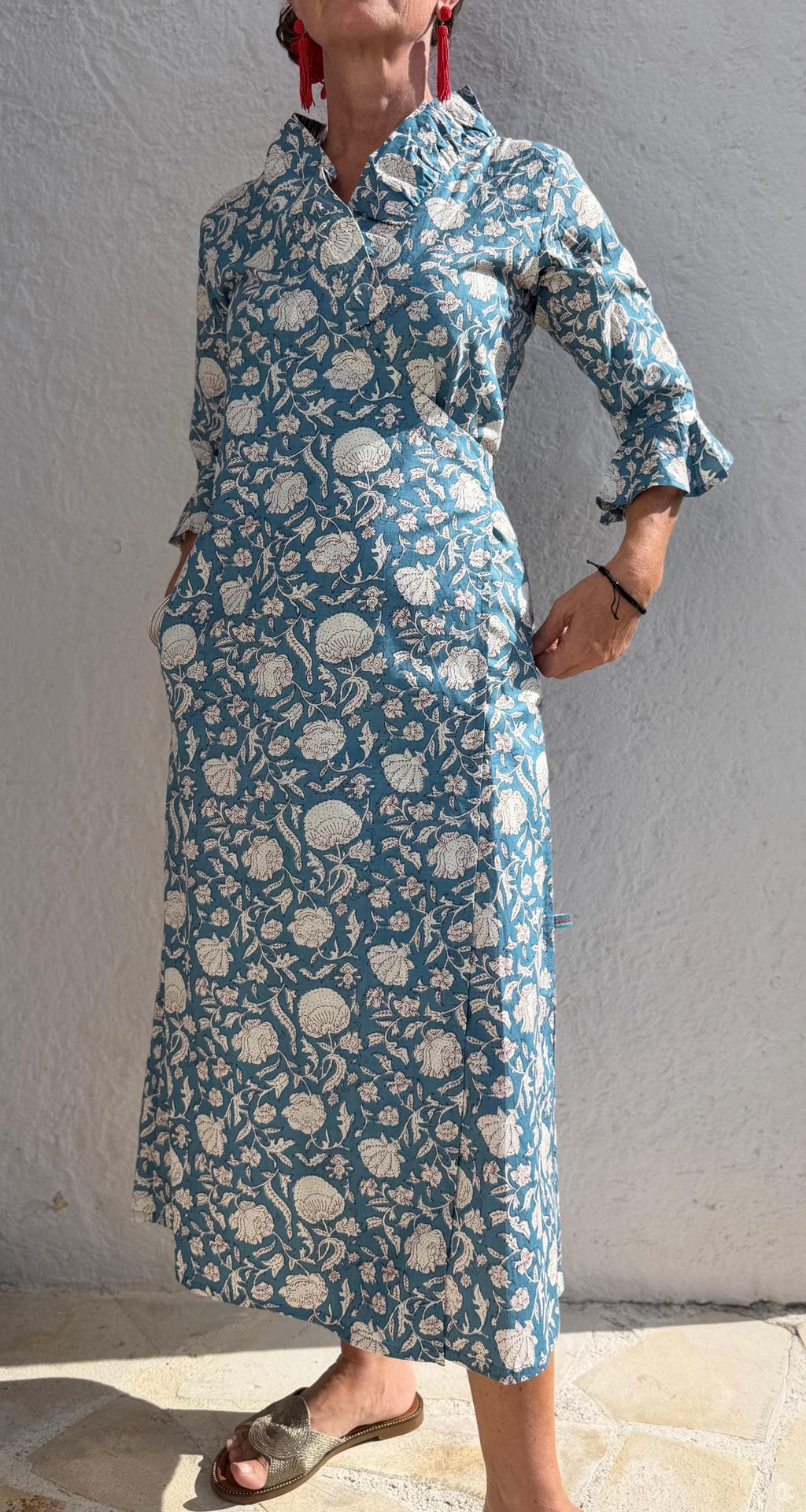 long wrap dress bluegrey color,floral pattern,ruffled collar,3/4 sleeves,boho chic,wedding outfit