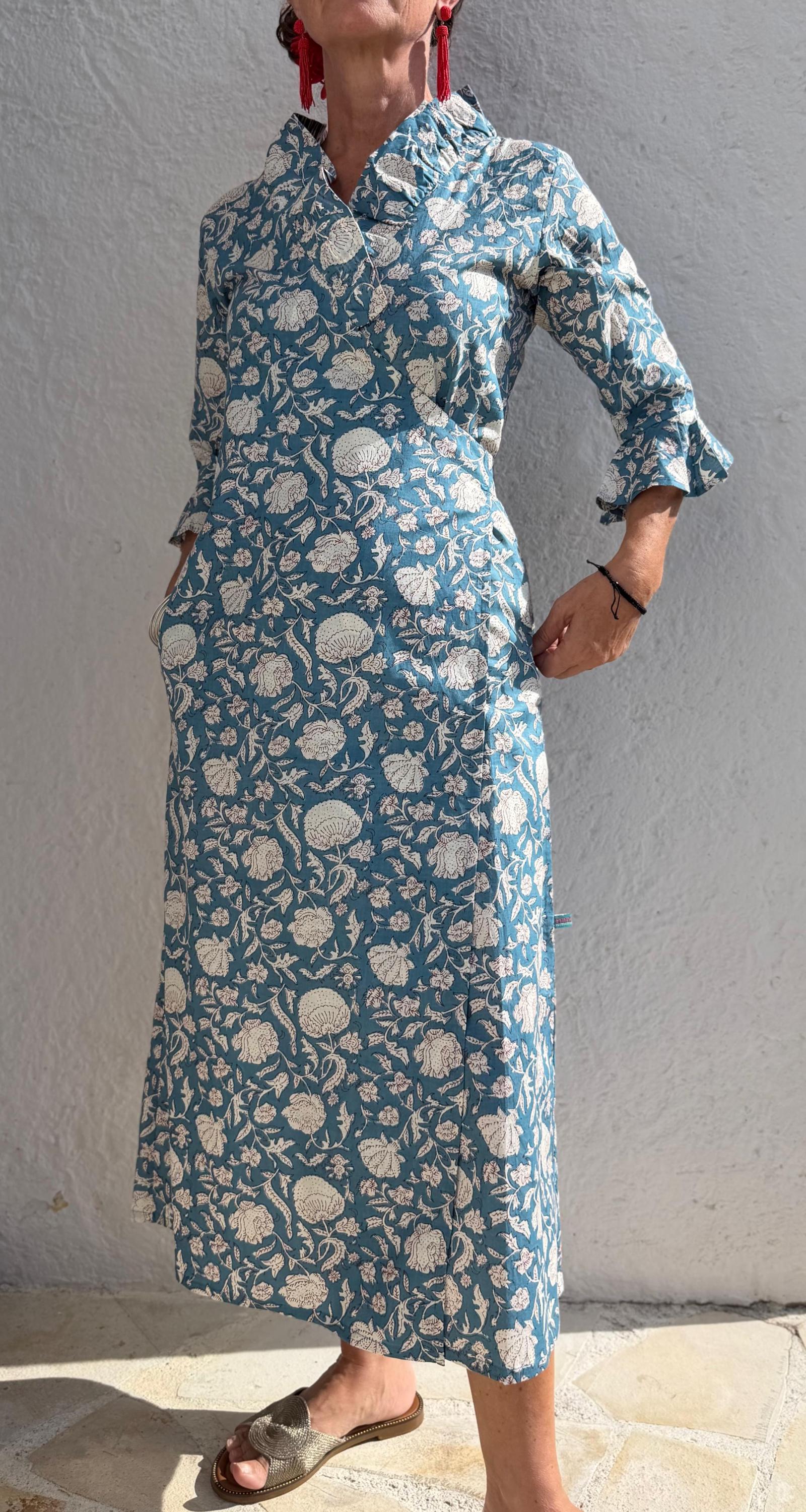 long wrap dress bluegrey color,floral pattern,ruffled collar,3/4 sleeves,boho chic,wedding outfit