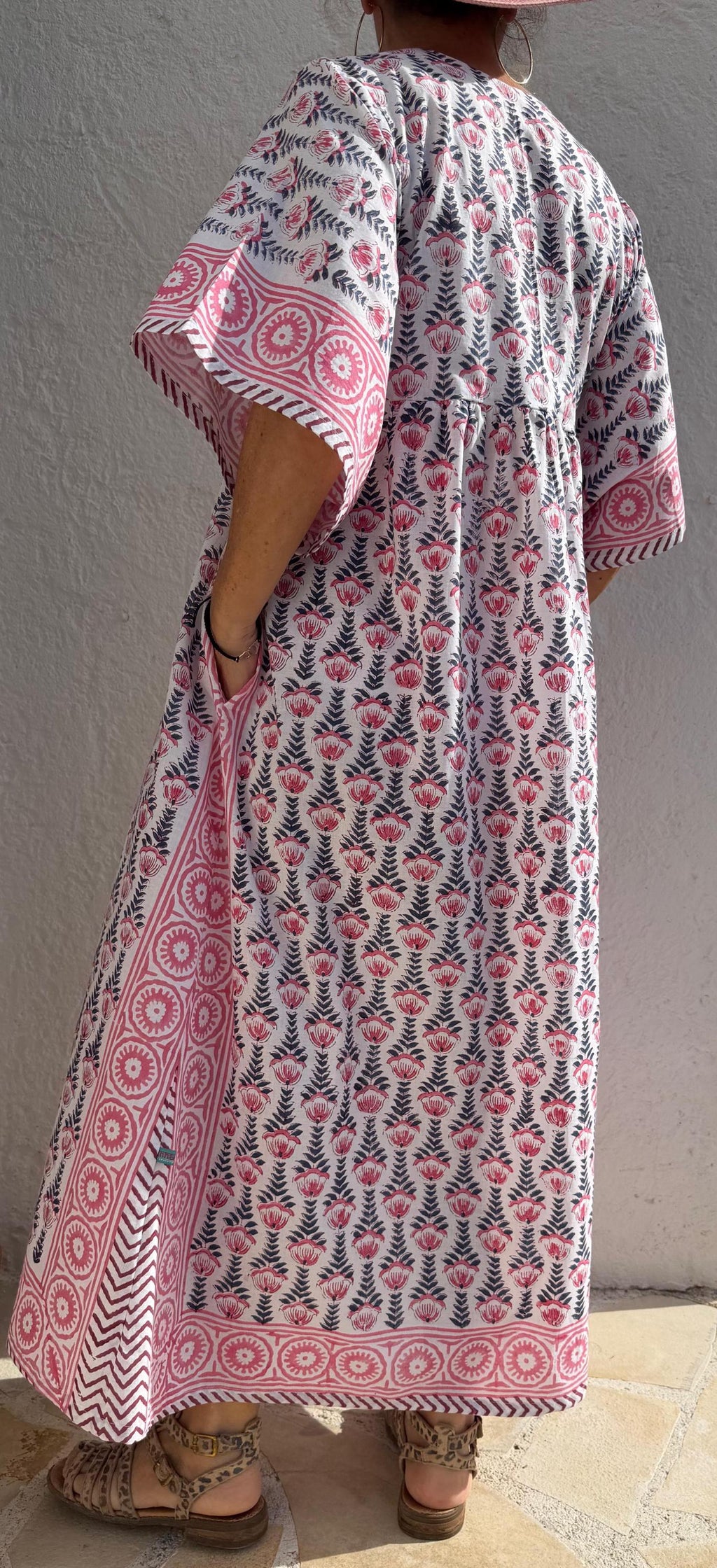Oversized Soft Cotton Dress – Navy Blue Hand Block Print with Pink Border