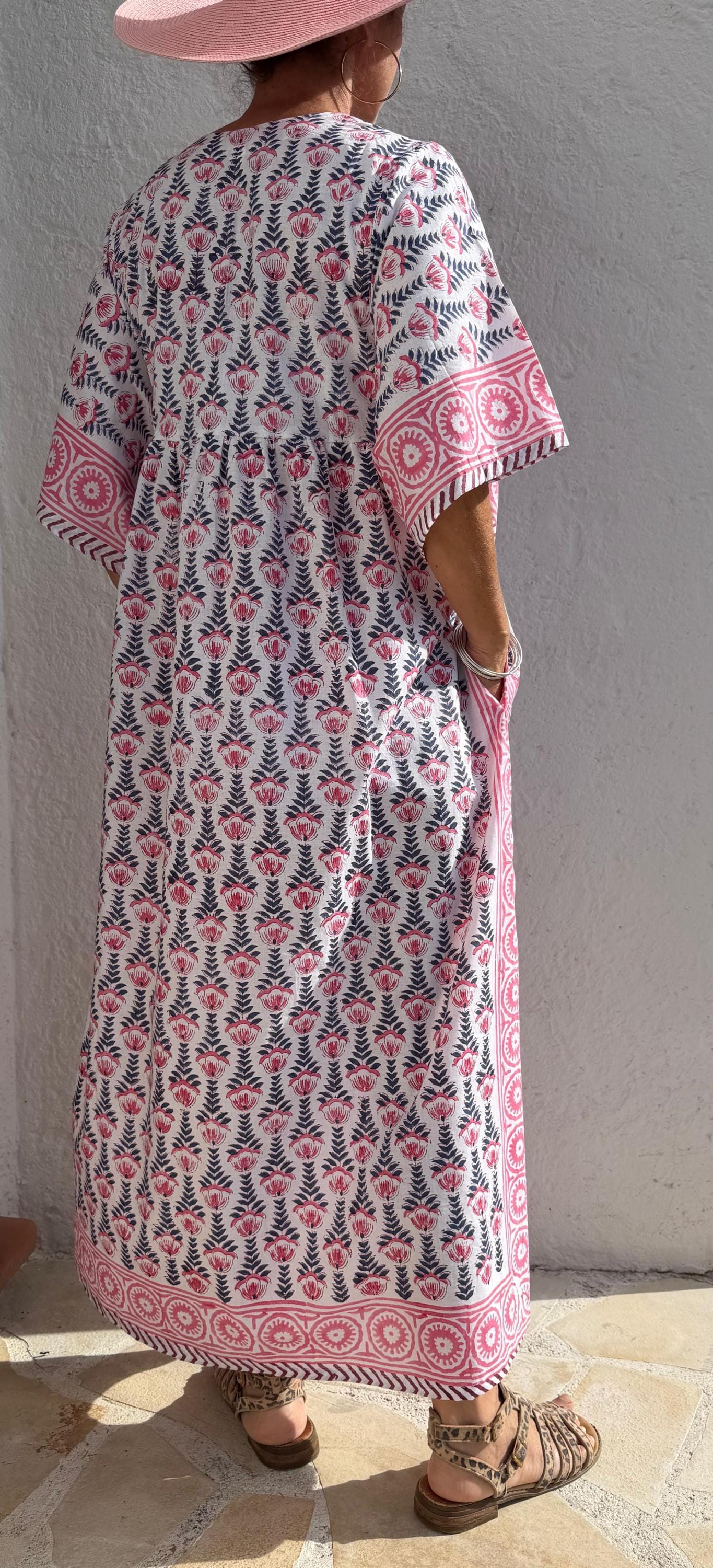 Oversized Soft Cotton Dress – Navy Blue Hand Block Print with Pink Border