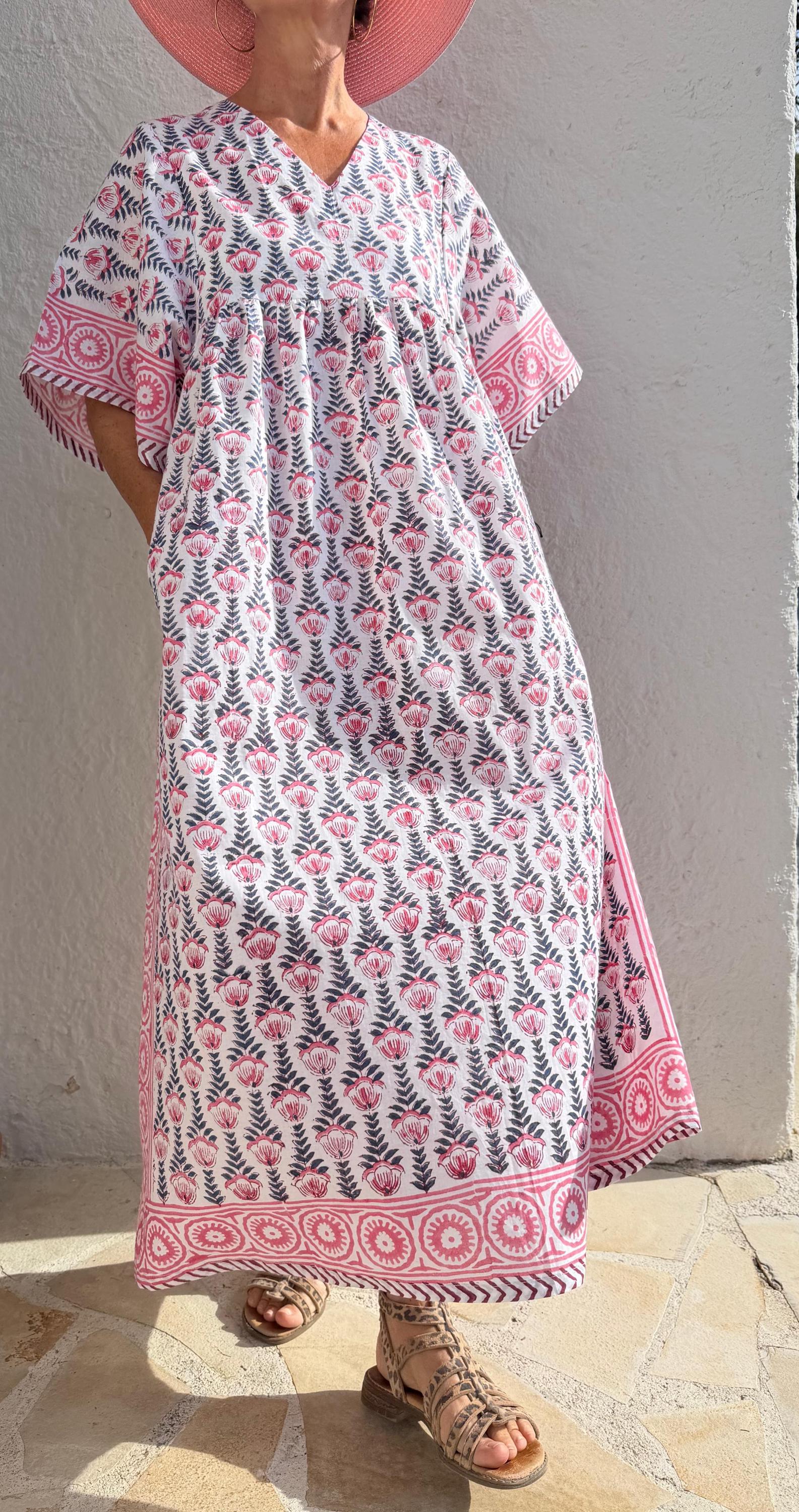 Oversized Soft Cotton Dress – Navy Blue Hand Block Print with Pink Border