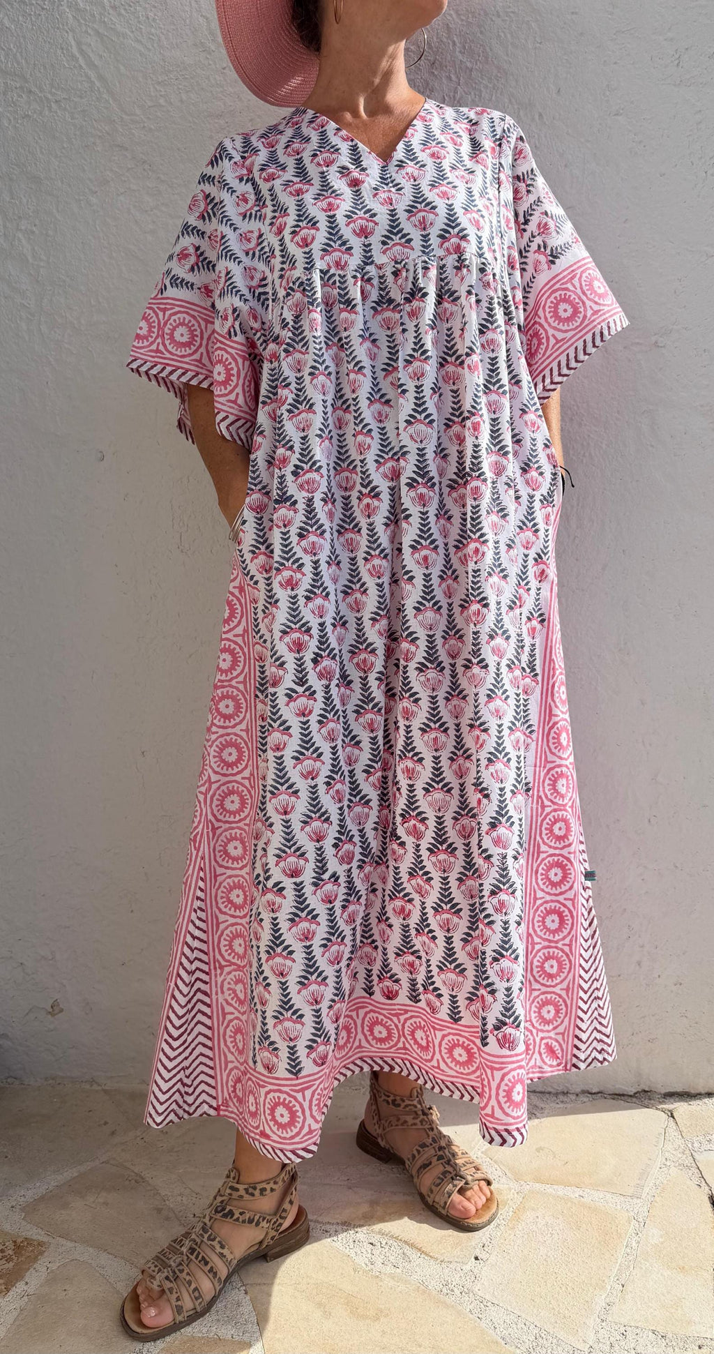 Oversized Soft Cotton Dress – Navy Blue Hand Block Print with Pink Border