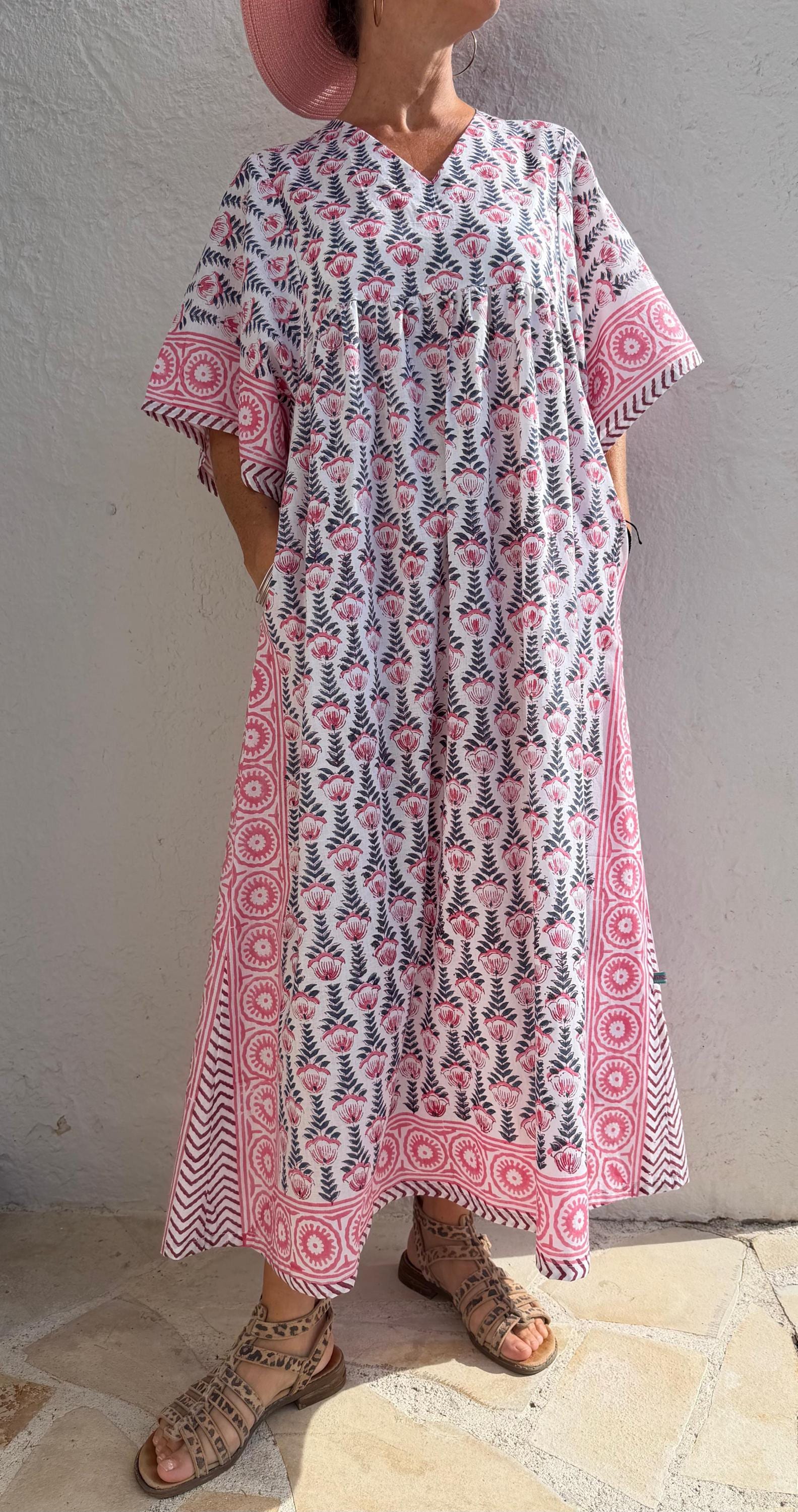 Oversized Soft Cotton Dress – Navy Blue Hand Block Print with Pink Border