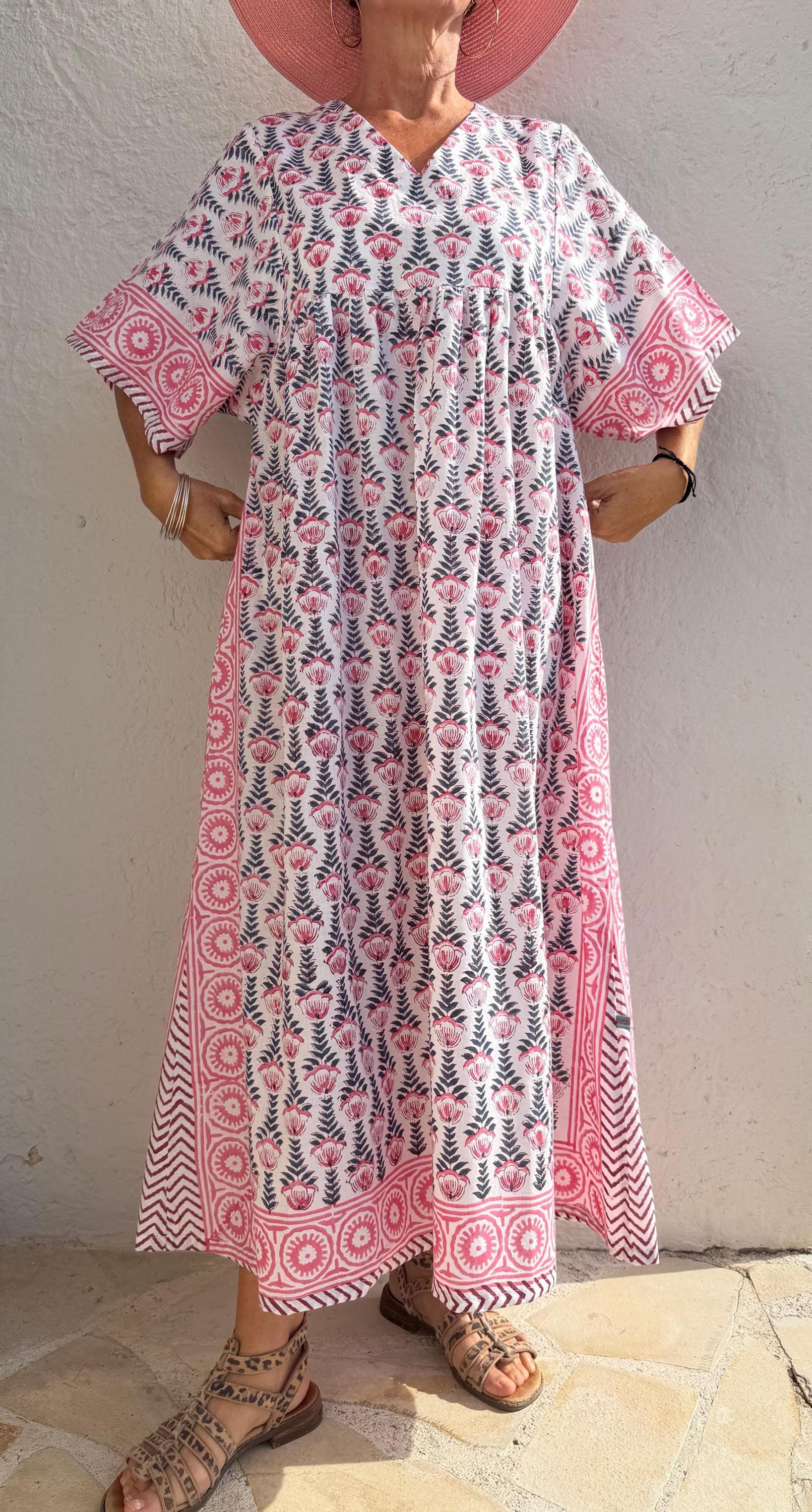 Oversized Soft Cotton Dress – Navy Blue Hand Block Print with Pink Border