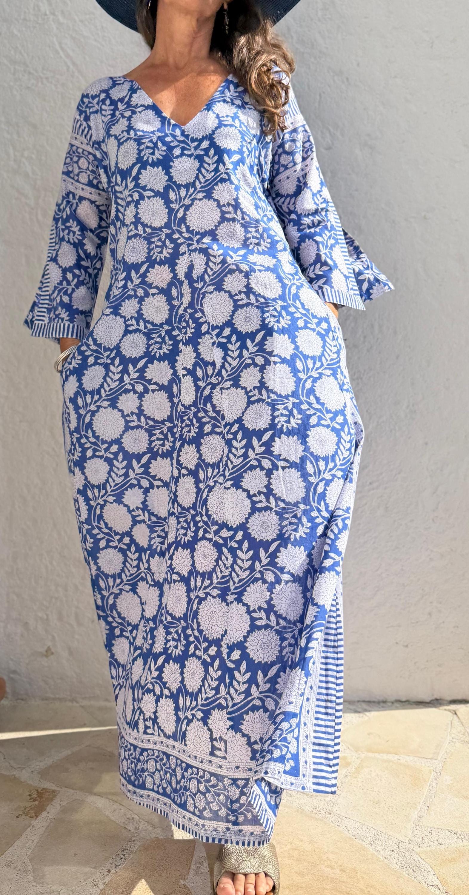 long kaftan in soft cotton,navy blue color,white flowers,summer boho chic dress,beach wear,flared sleeves