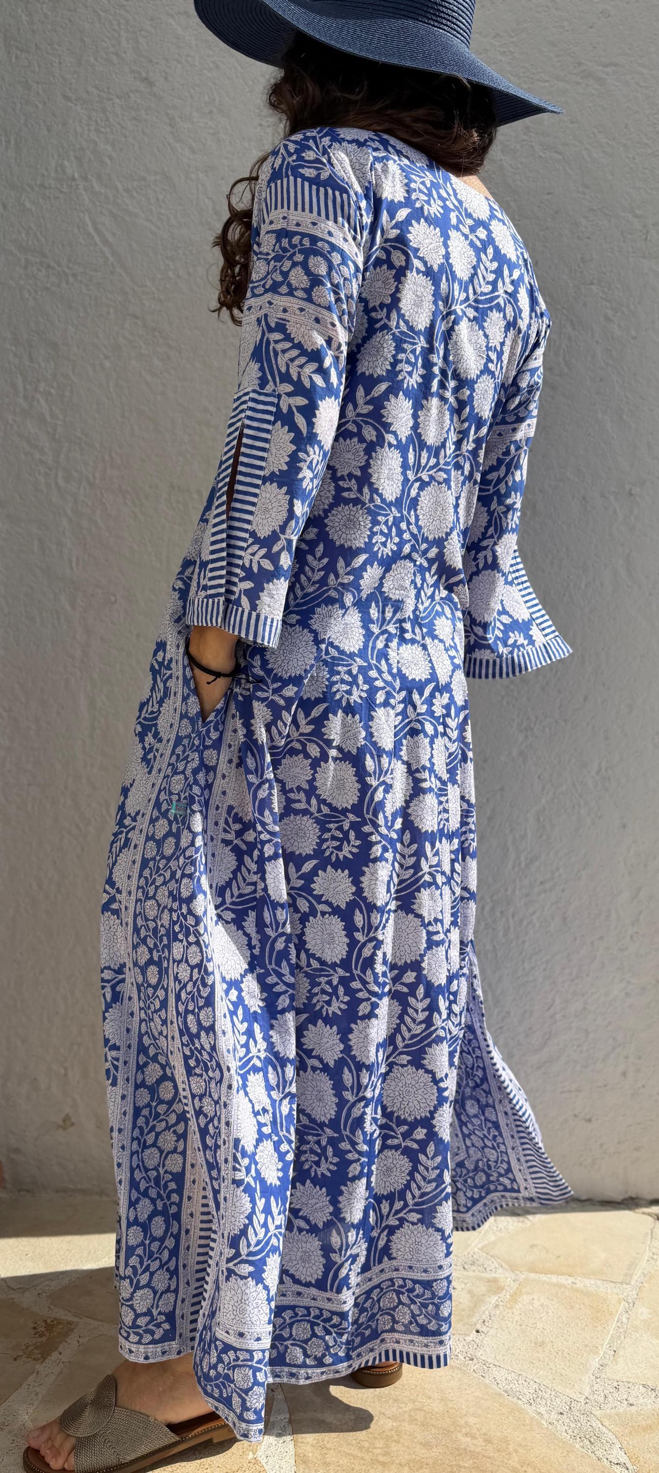 long kaftan in soft cotton,navy blue color,white flowers,summer boho chic dress,beach wear,flared sleeves