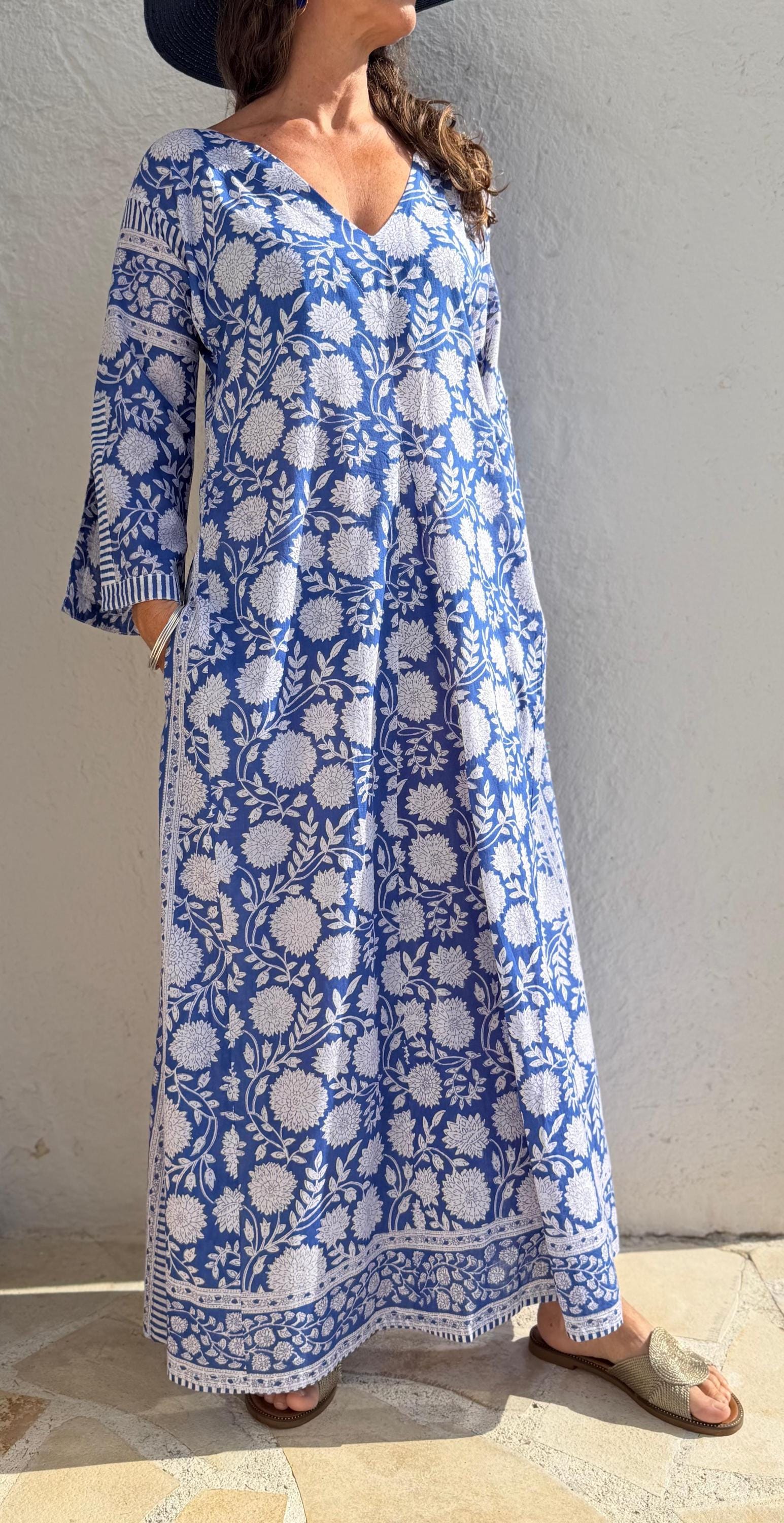long kaftan in soft cotton,navy blue color,white flowers,summer boho chic dress,beach wear,flared sleeves