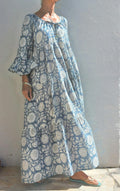 elegant long dress in cotton,blue-grey color,bohochic summer outfit,ruffled sleeves