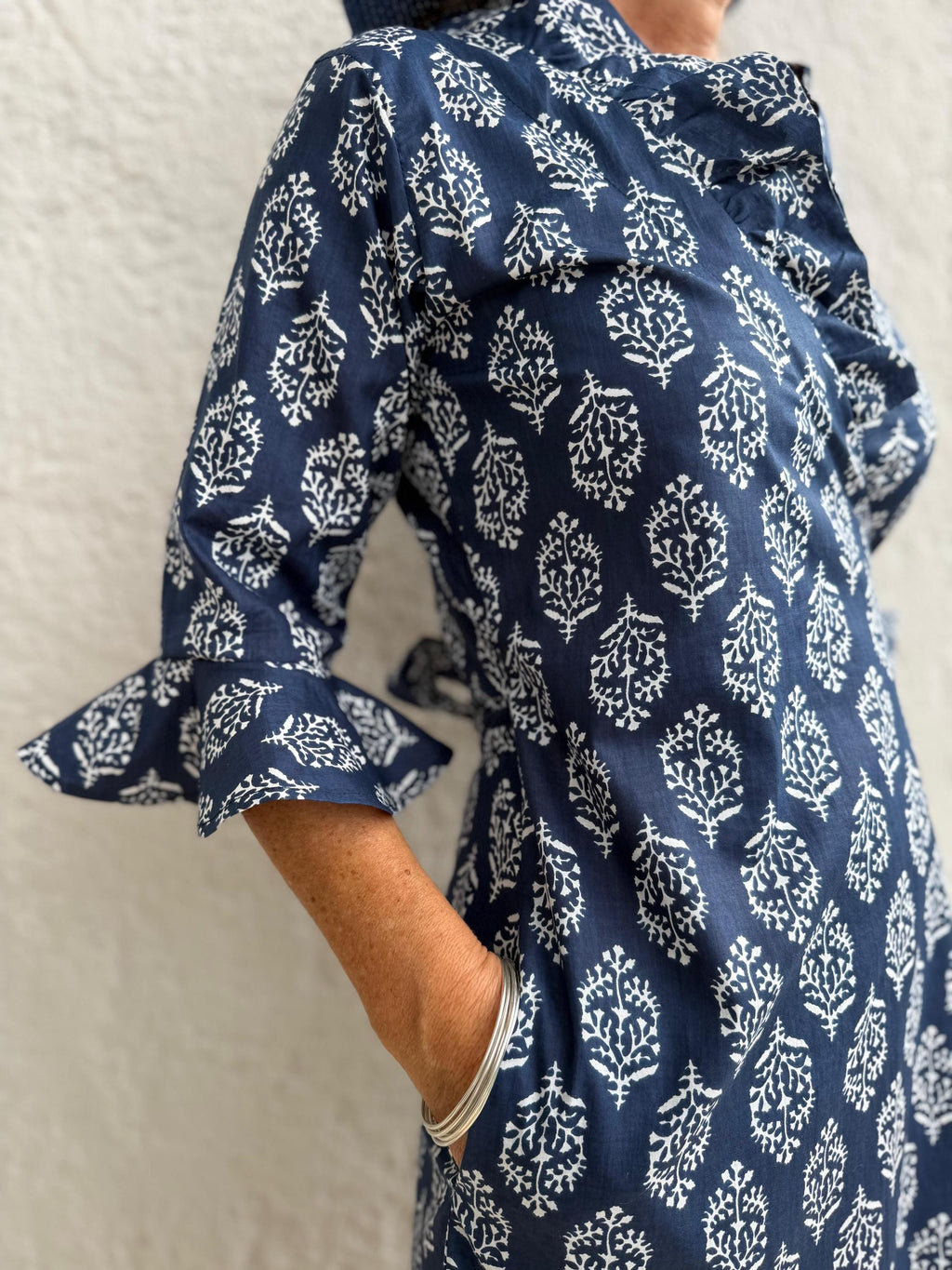 long wrap dress in soft cotton,navy blue color,diamond pattern,ruffled collar,3/4 sleeves,boho chic wedding outfit