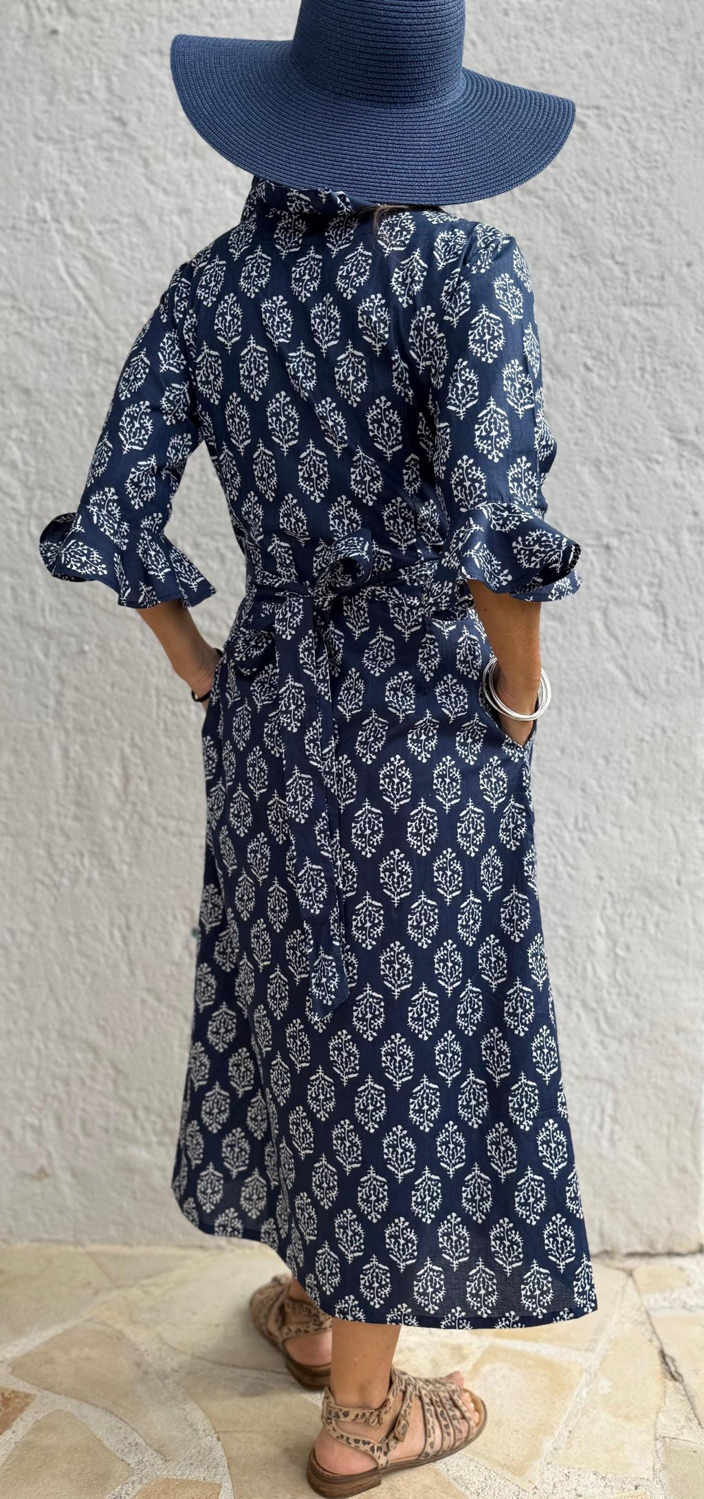 long wrap dress in soft cotton,navy blue color,diamond pattern,ruffled collar,3/4 sleeves,boho chic wedding outfit