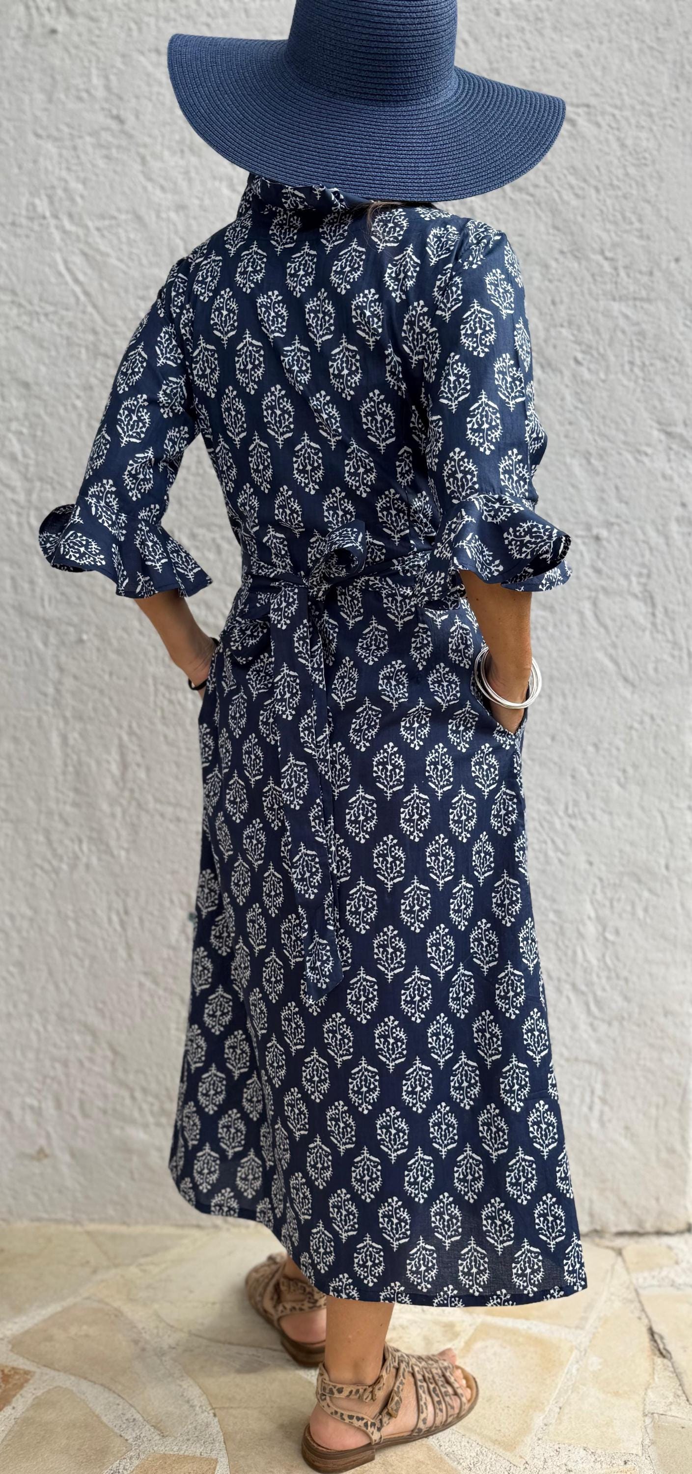 long wrap dress in soft cotton,navy blue color,diamond pattern,ruffled collar,3/4 sleeves,boho chic wedding outfit