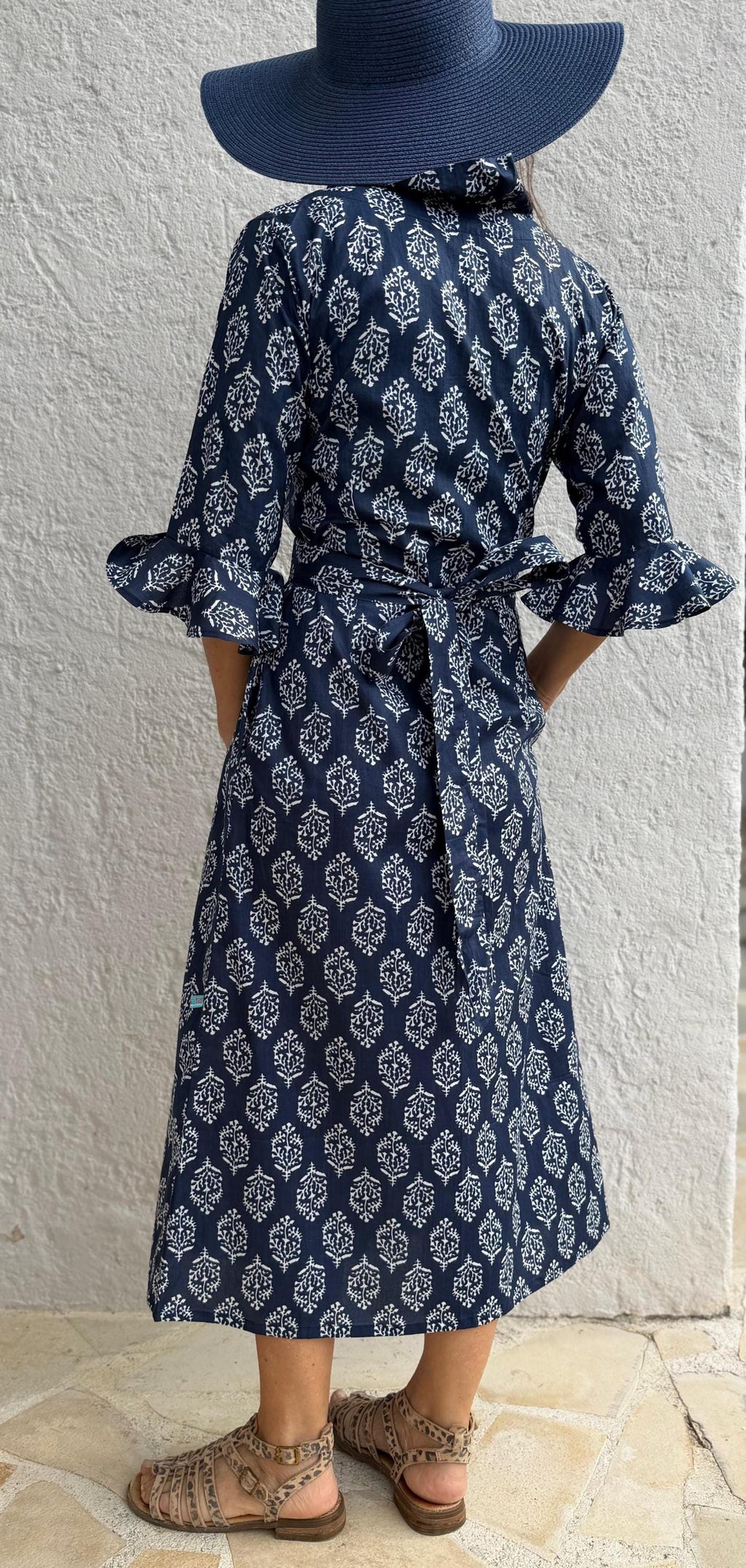 long wrap dress in soft cotton,navy blue color,diamond pattern,ruffled collar,3/4 sleeves,boho chic wedding outfit