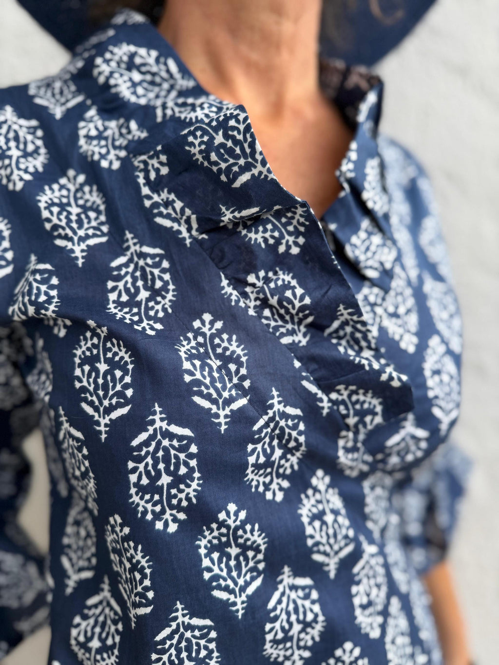 long wrap dress in soft cotton,navy blue color,diamond pattern,ruffled collar,3/4 sleeves,boho chic wedding outfit