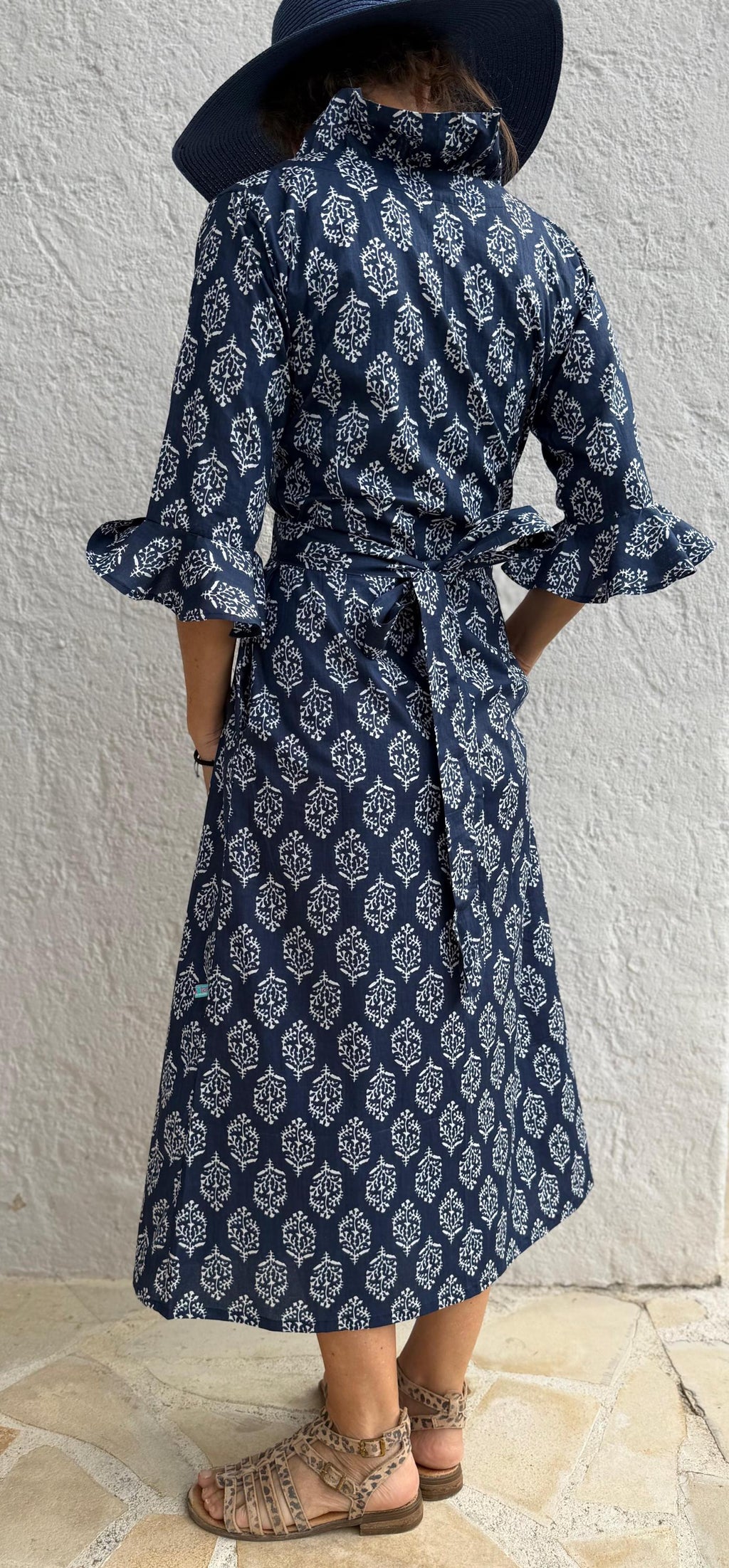 long wrap dress in soft cotton,navy blue color,diamond pattern,ruffled collar,3/4 sleeves,boho chic wedding outfit