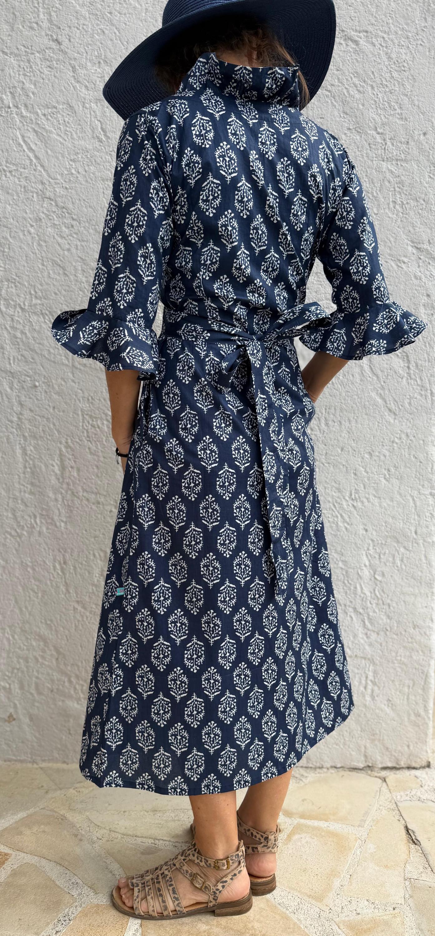 long wrap dress in soft cotton,navy blue color,diamond pattern,ruffled collar,3/4 sleeves,boho chic wedding outfit