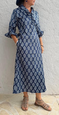 long wrap dress in soft cotton,navy blue color,diamond pattern,ruffled collar,3/4 sleeves,boho chic wedding outfit