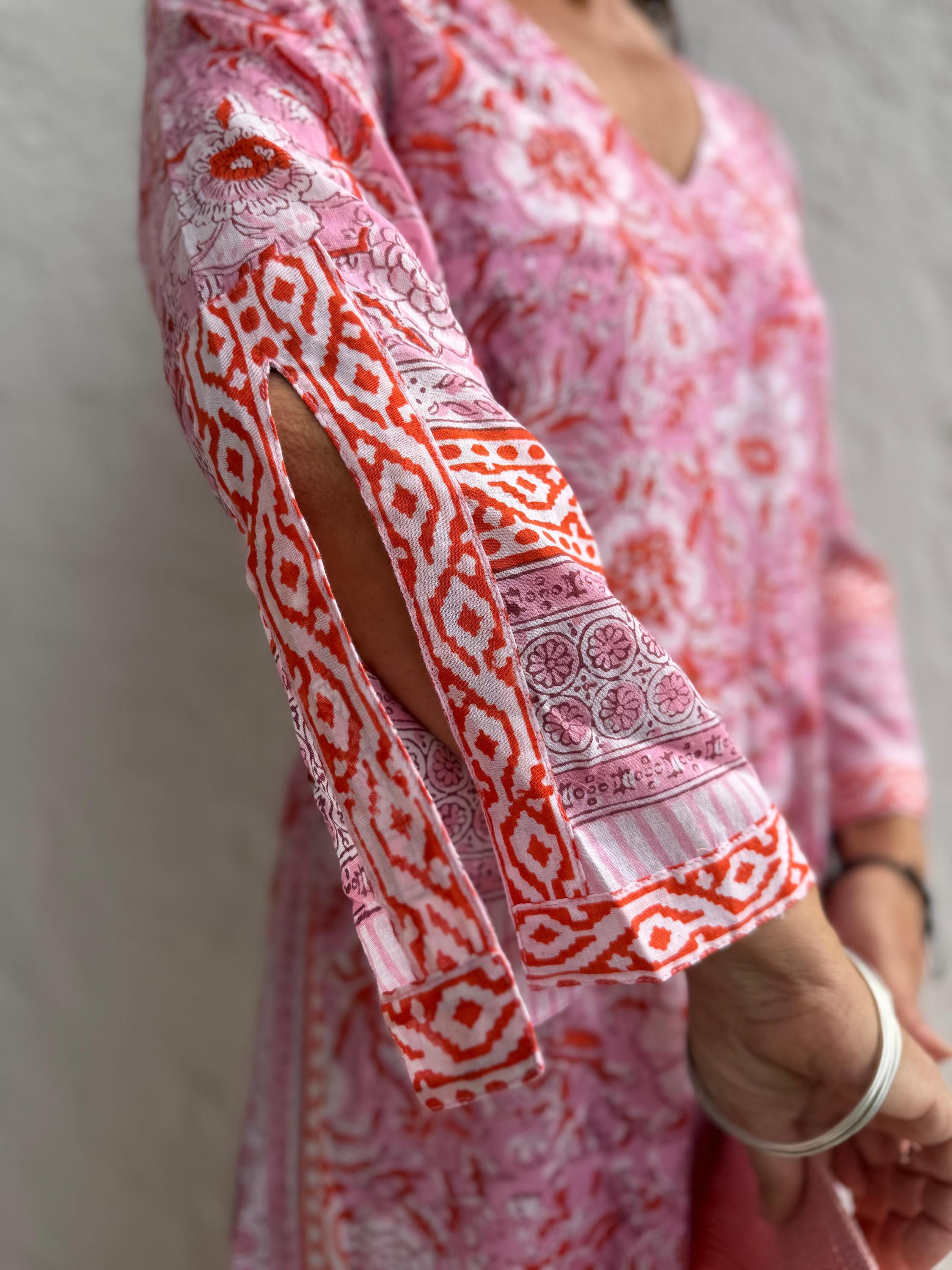 long kaftan in soft cotton, light pink color and orange flowers,beach outfit,summer dress bohochic