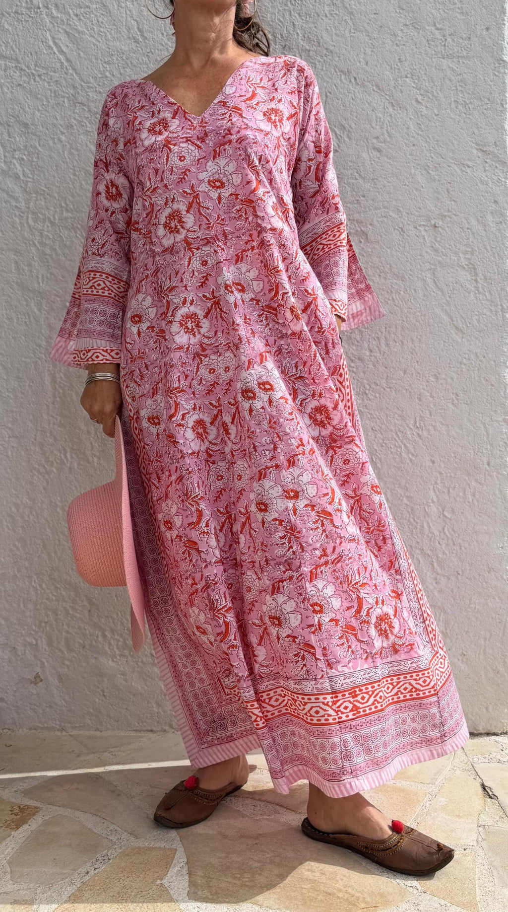 long kaftan in soft cotton, light pink color and orange flowers,beach outfit,summer dress bohochic