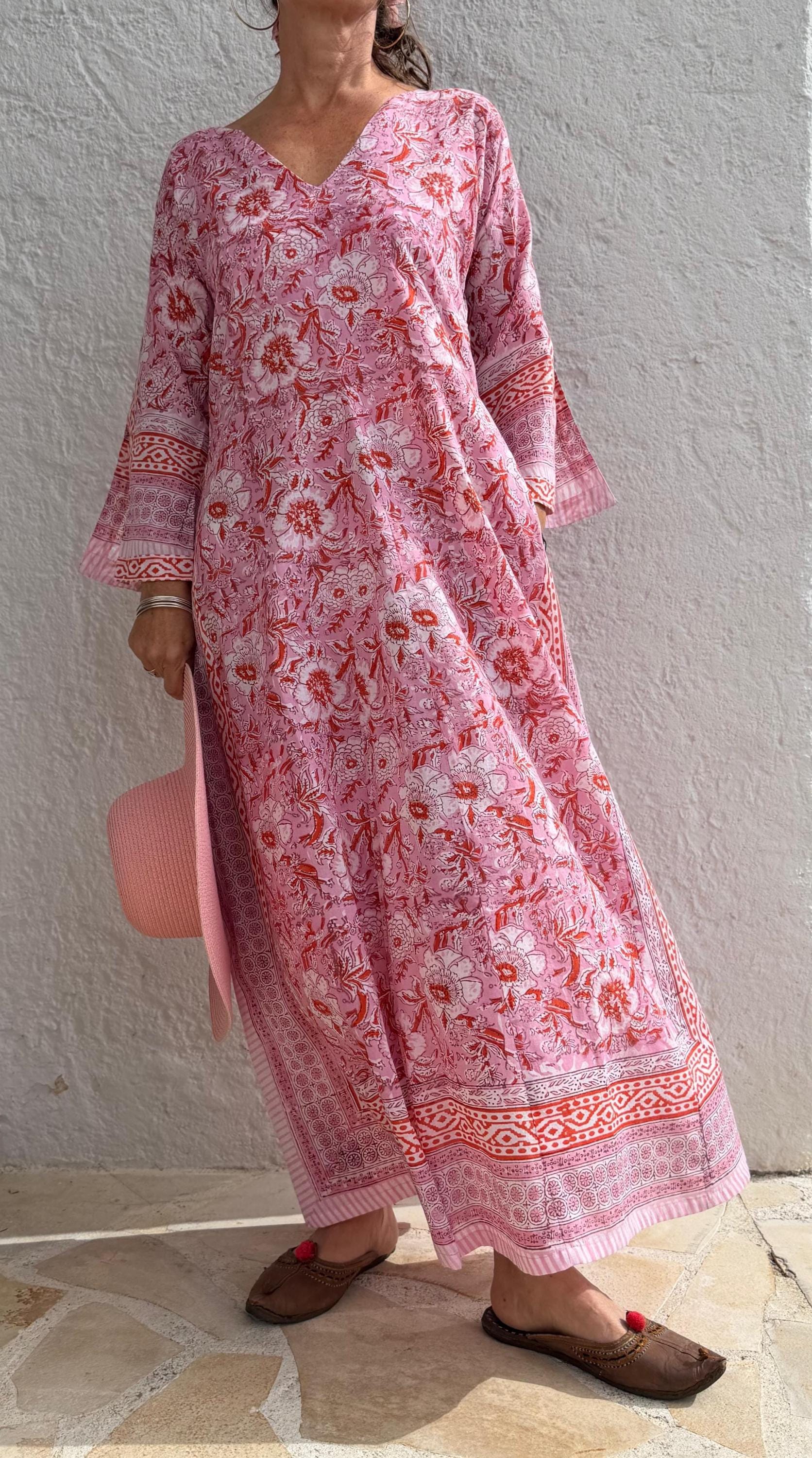long kaftan in soft cotton, light pink color and orange flowers,beach outfit,summer dress bohochic