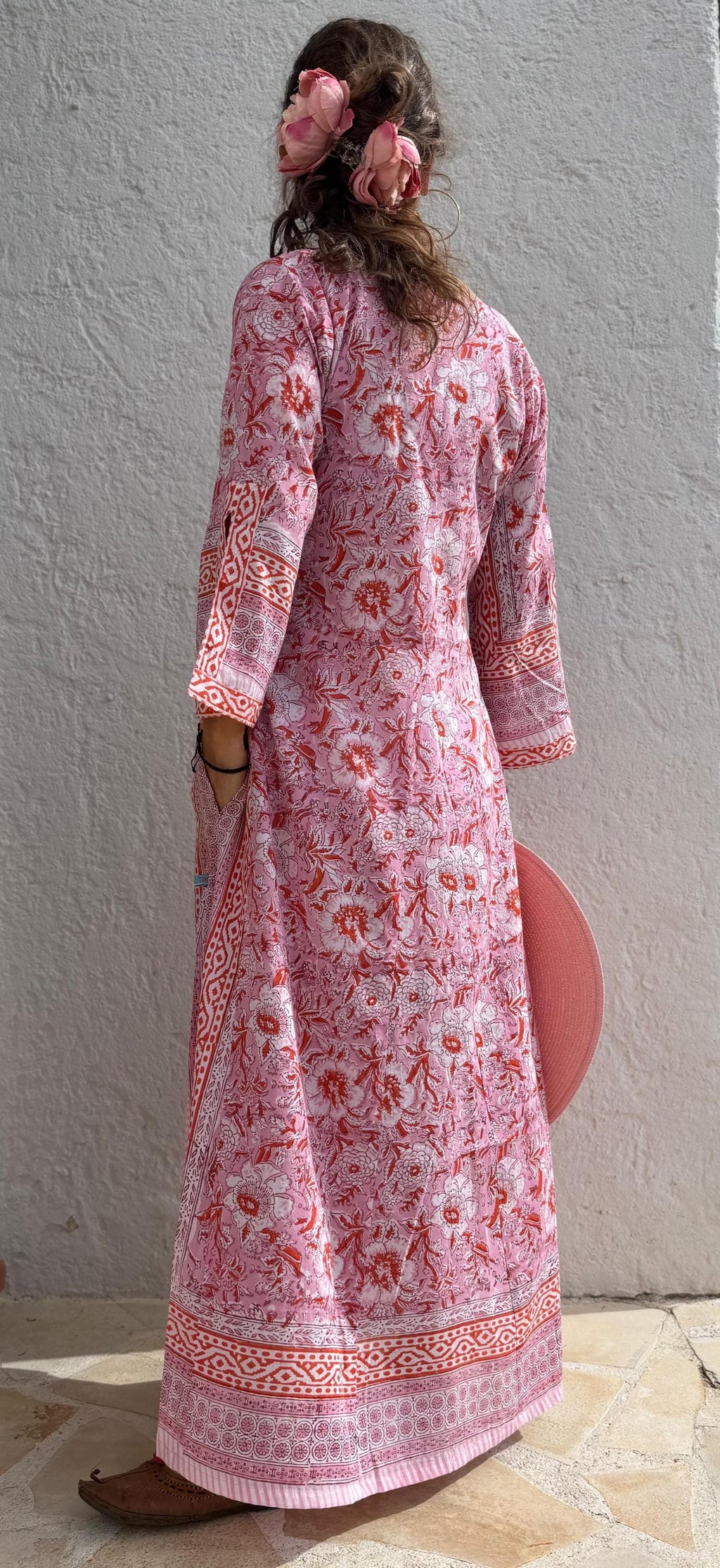 long kaftan in soft cotton, light pink color and orange flowers,beach outfit,summer dress bohochic