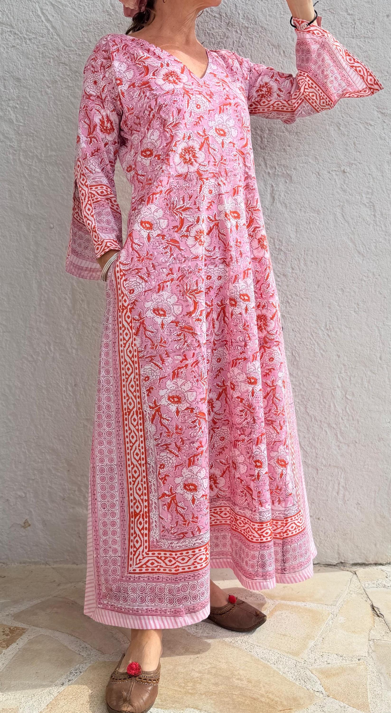 long kaftan in soft cotton, light pink color and orange flowers,beach outfit,summer dress bohochic