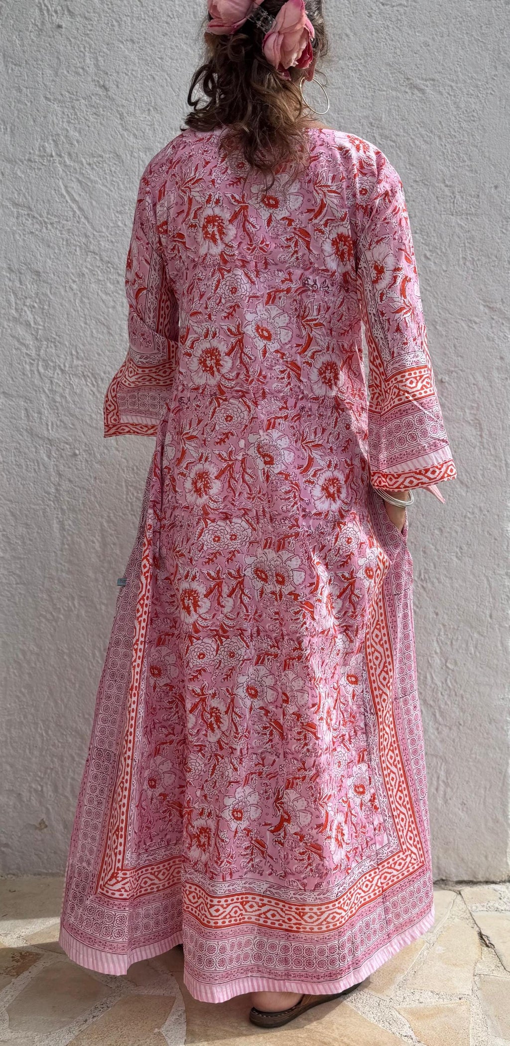 long kaftan in soft cotton, light pink color and orange flowers,beach outfit,summer dress bohochic