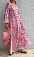 long kaftan in soft cotton, light pink color and orange flowers,beach outfit,summer dress bohochic