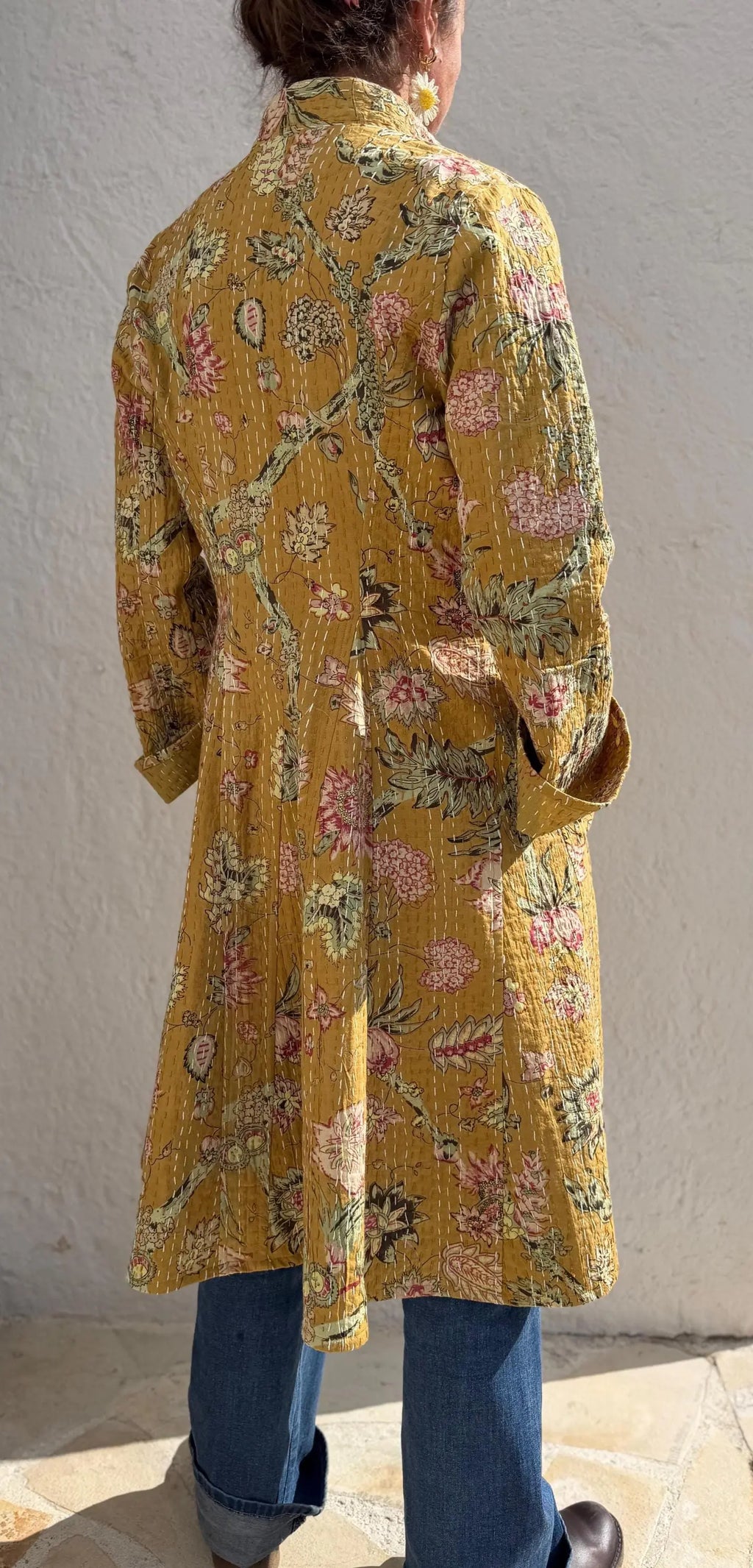 frock coat in cotton not quilted,solar yellow color,floral pattern,pink hydrangea print,shell buttons,boheme and chic outfit,hand embroidery