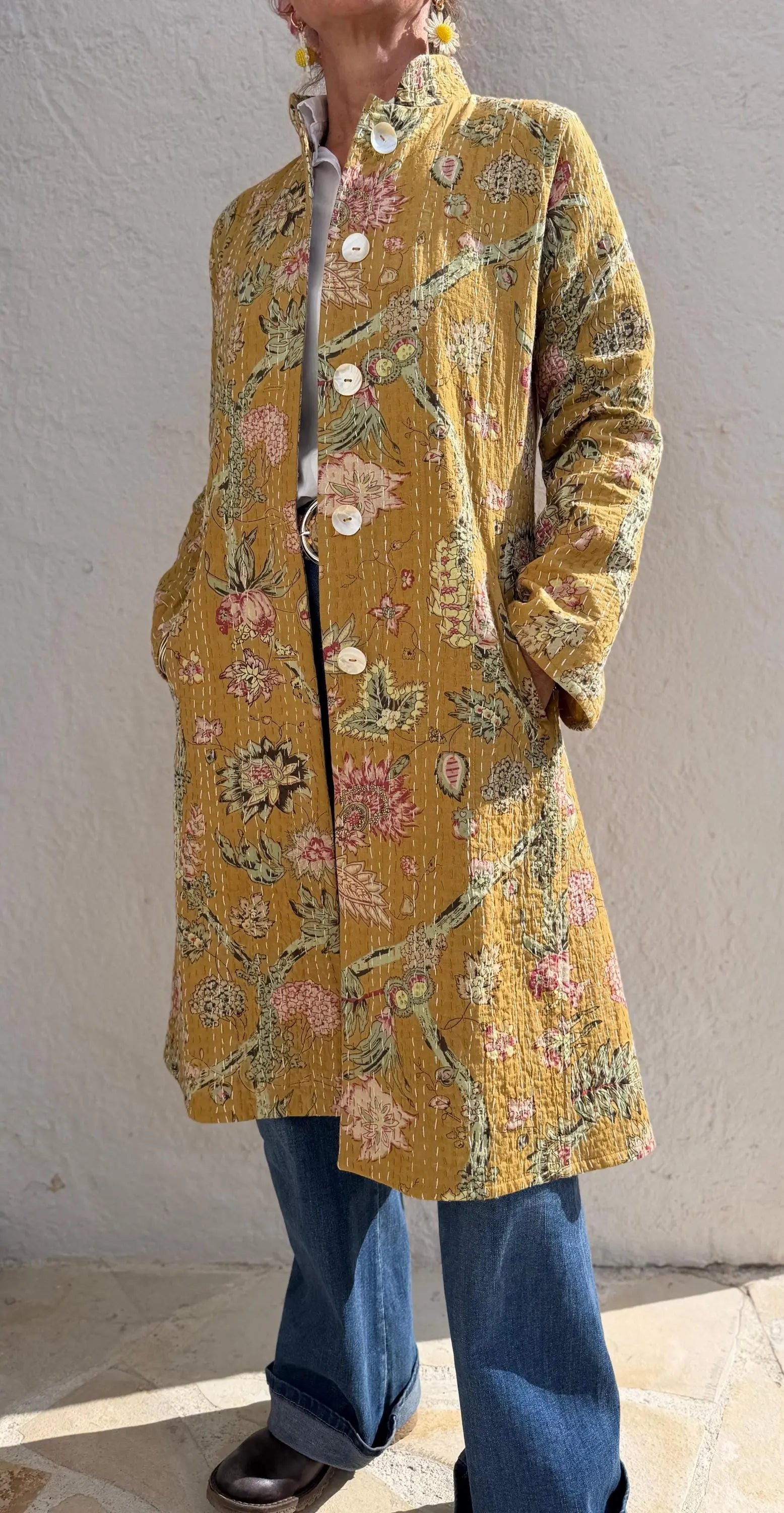 frock coat in cotton not quilted,solar yellow color,floral pattern,pink hydrangea print,shell buttons,boheme and chic outfit,hand embroidery