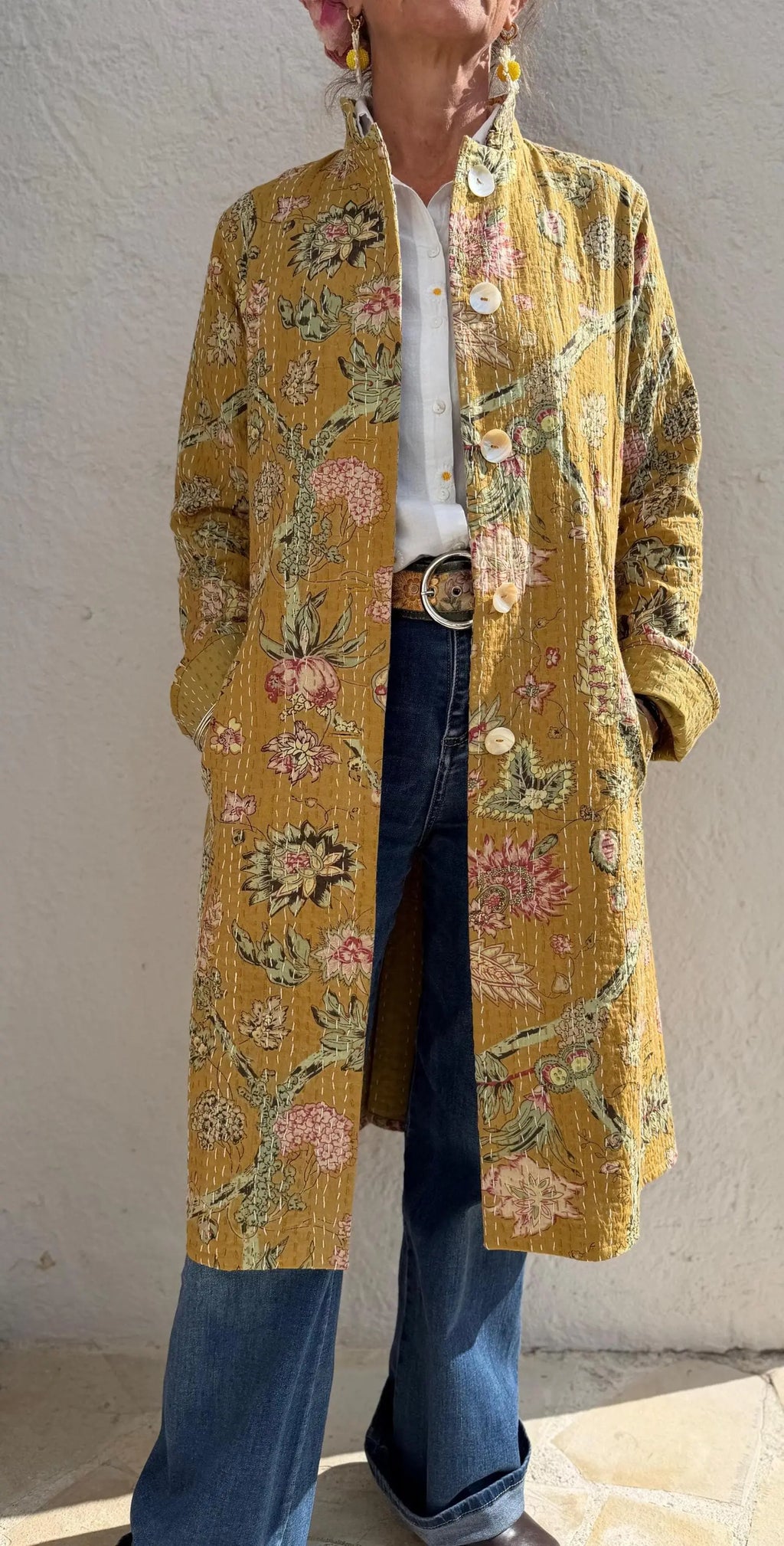 frock coat in cotton not quilted,solar yellow color,floral pattern,pink hydrangea print,shell buttons,boheme and chic outfit,hand embroidery