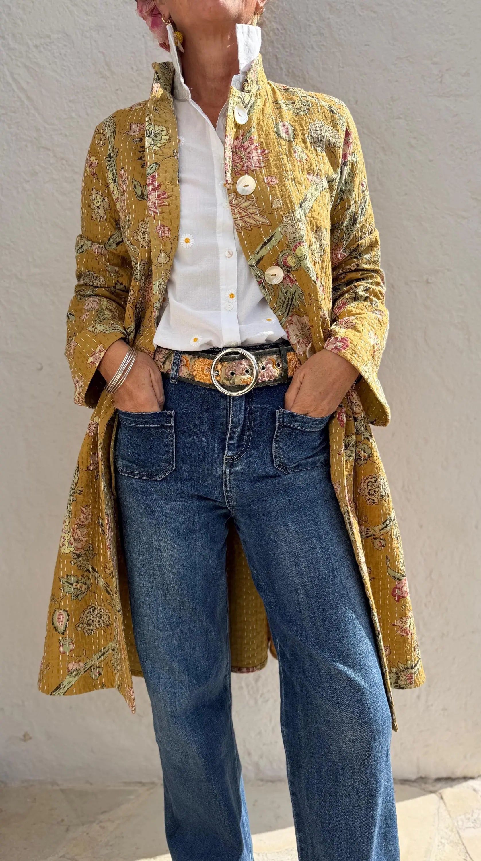 frock coat in cotton not quilted,solar yellow color,floral pattern,pink hydrangea print,shell buttons,boheme and chic outfit,hand embroidery
