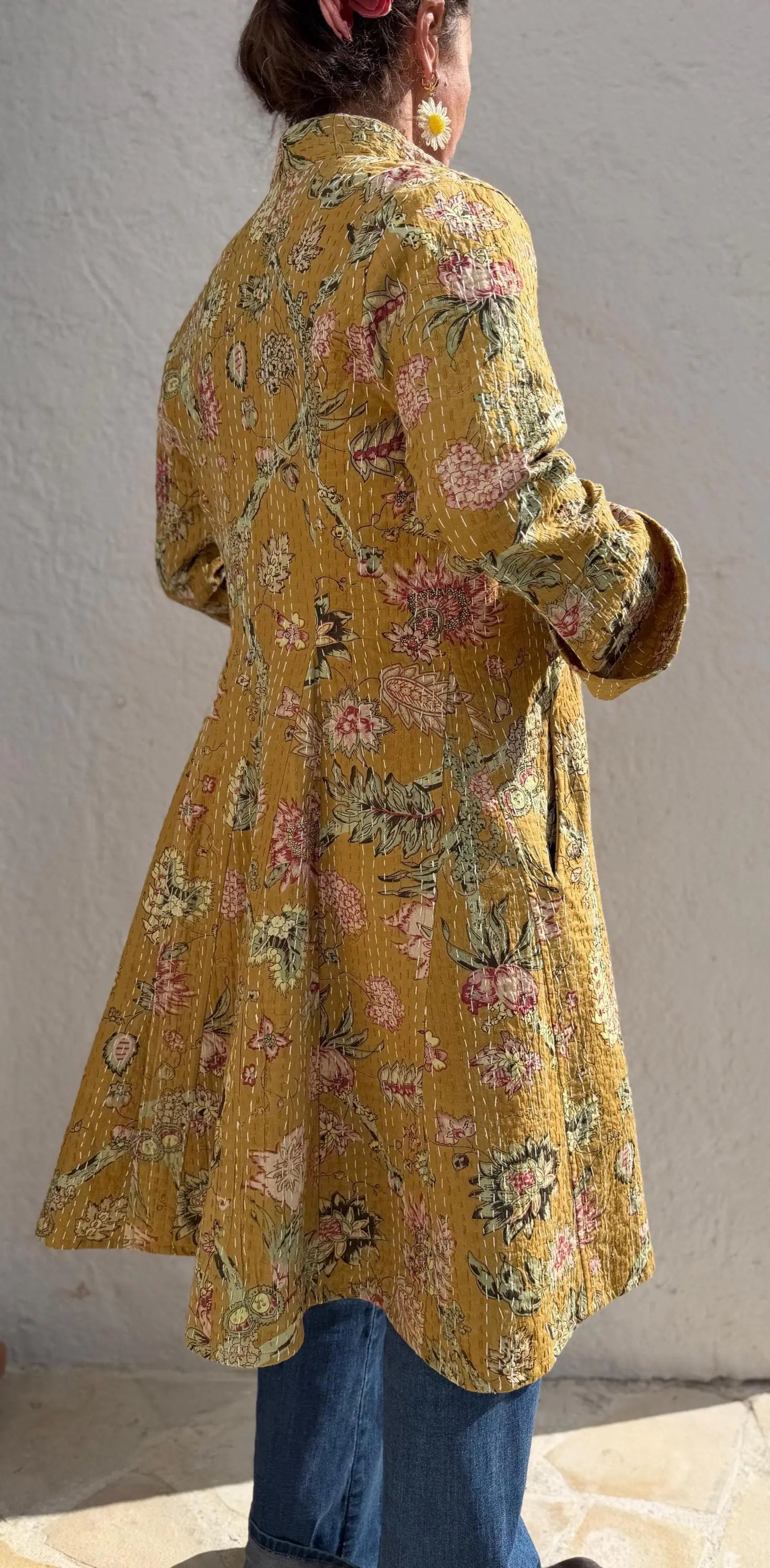 frock coat in cotton not quilted,solar yellow color,floral pattern,pink hydrangea print,shell buttons,boheme and chic outfit,hand embroidery
