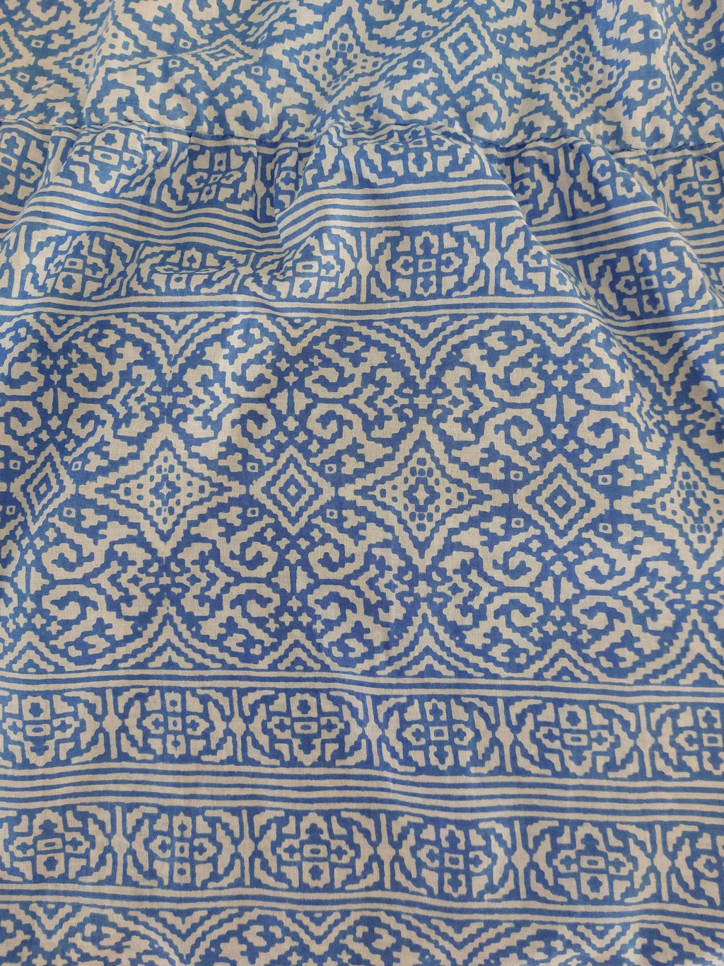long ruffled dress in cotton,geometric pattern,blue & white colors,bohochic summer outfit