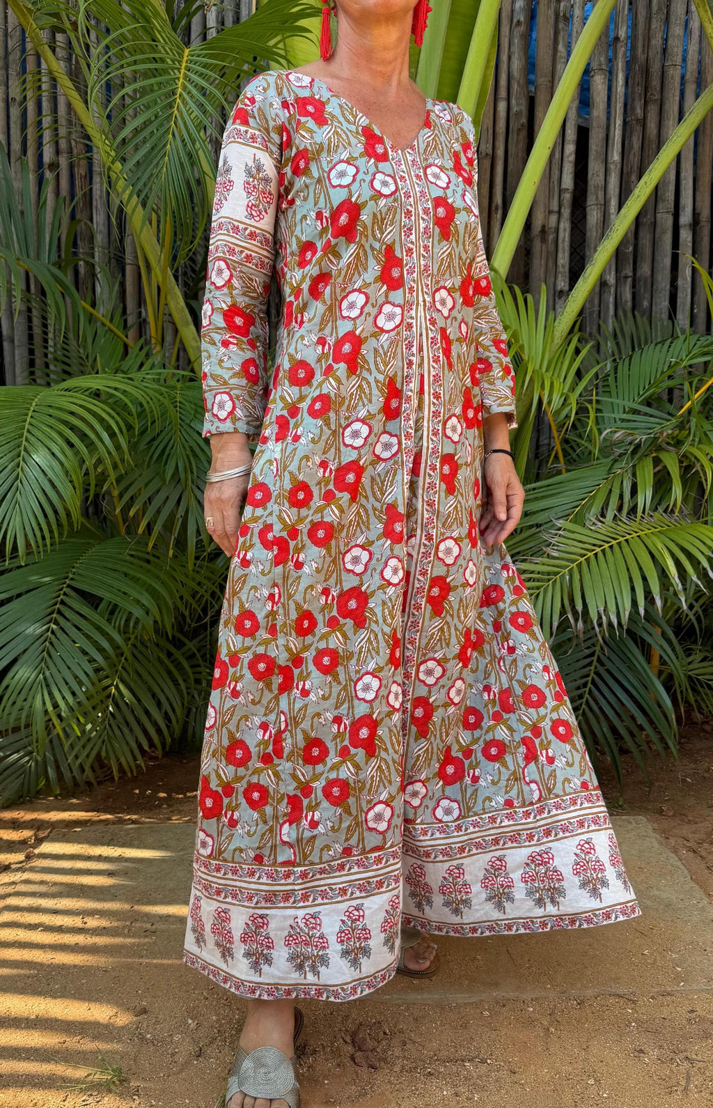 long kaftan in soft cotton,poppy pattern,red & green color,summer boho chic dress.