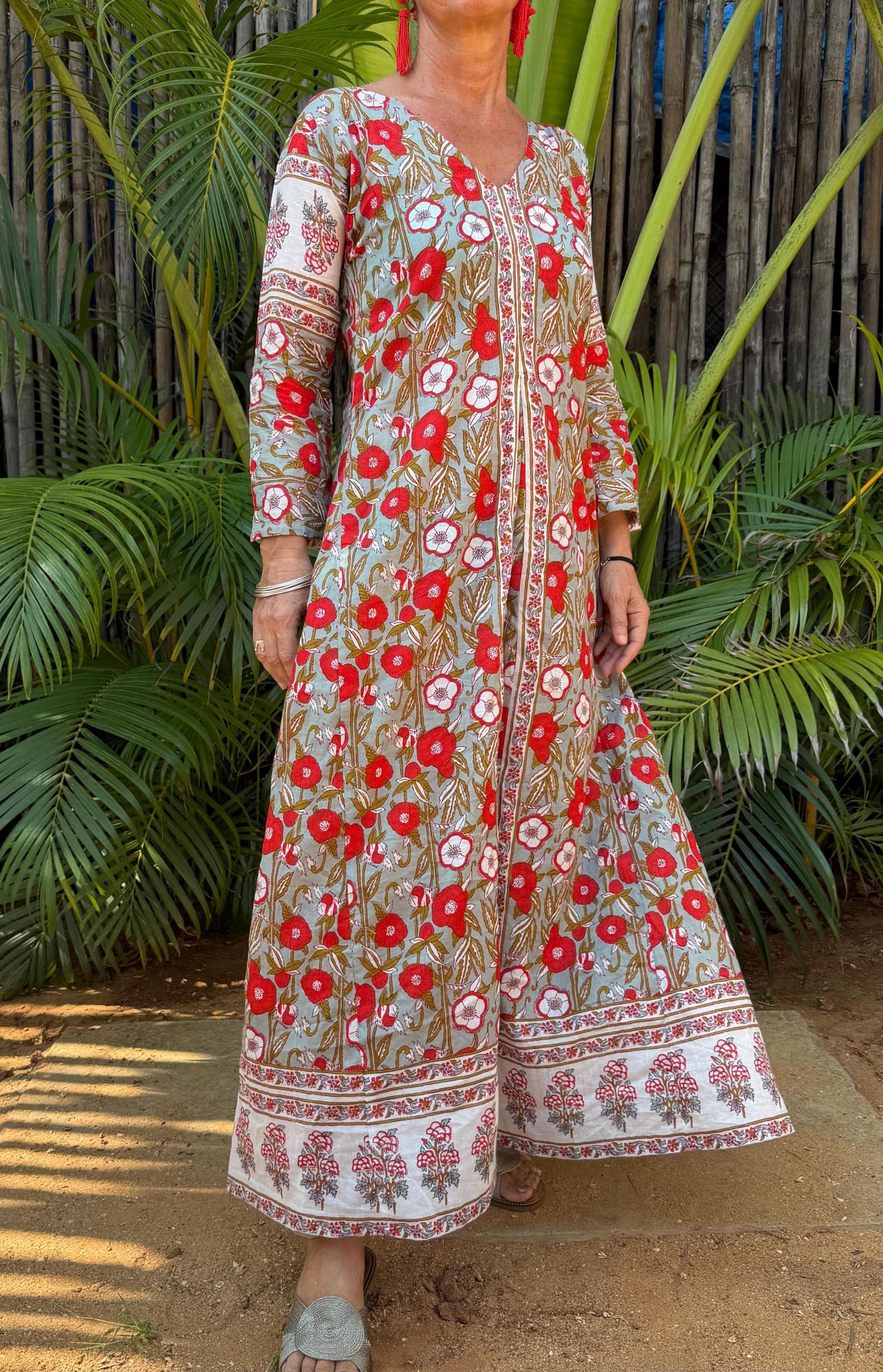 long kaftan in soft cotton,poppy pattern,red & green color,summer boho chic dress.