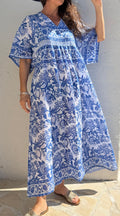 Oversized Cotton Dress – Navy Blue Floral Pareo Dress, Loose Boho Beach Dress, Soft Cotton Summer Outfit for Women
